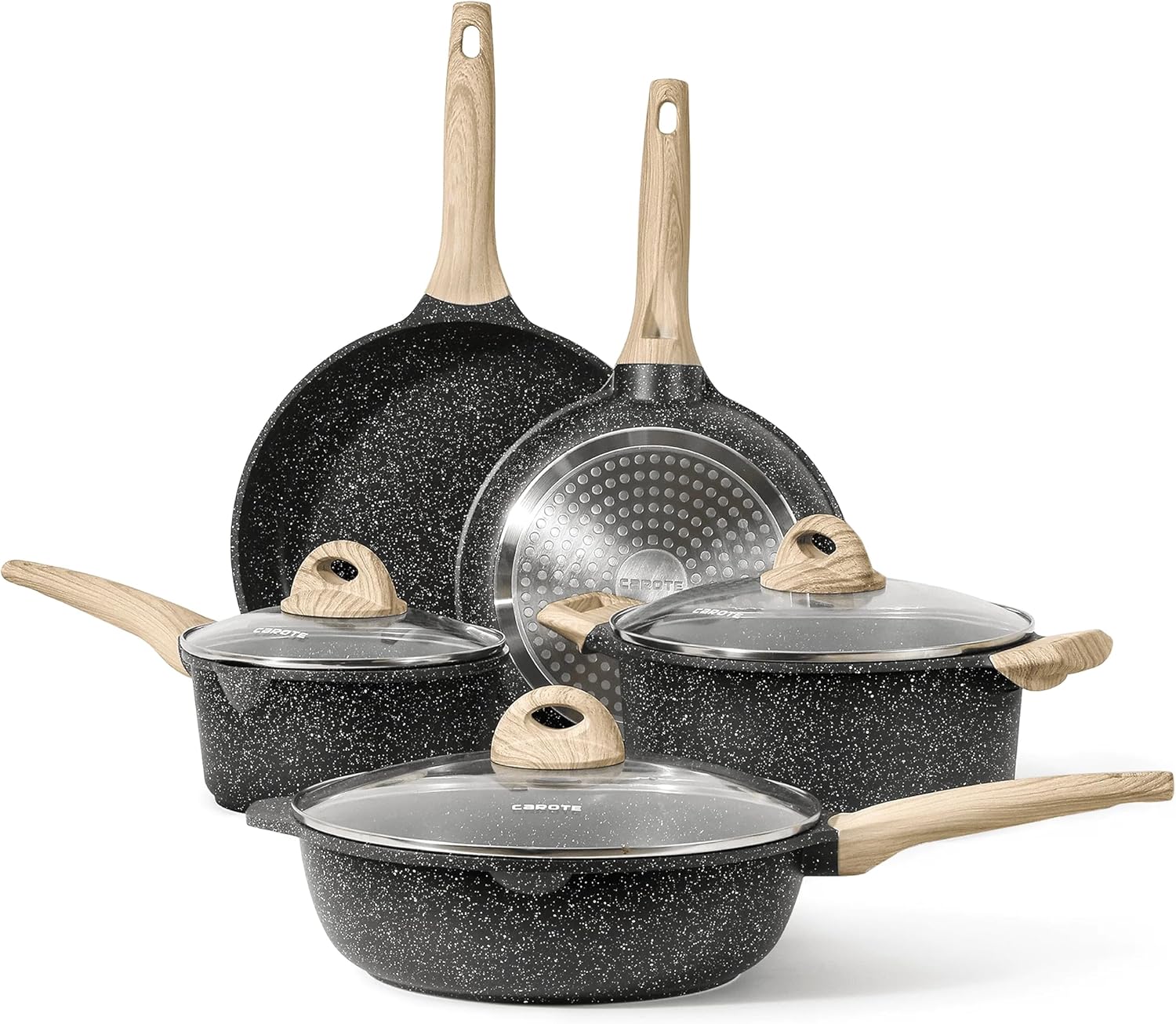 CAROTE 21Pcs Pots and Pans Set. Nonstick Cookware Sets. White Granite Induction Cookware Non Stick Cooking Set w/Frying Pans & Saucepans(PFOS. PFOA Free)