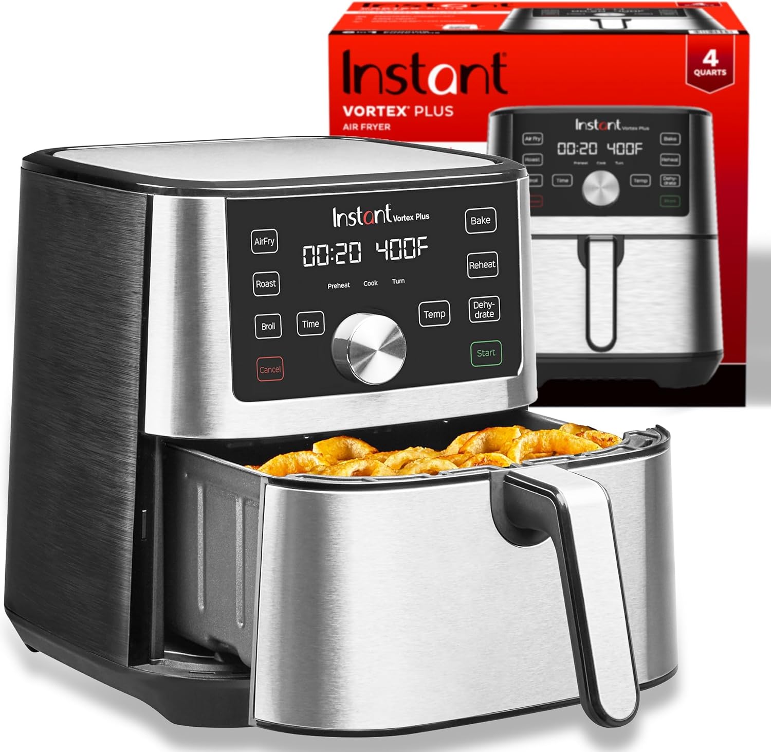Instant Pot Vortex Plus 6QT XL Air Fryer. 6-in-1. Broils. Dehydrates. Crisps. Roasts. Reheats. Bakes for Quick Easy Meals. 100+ In-App Recipes. Dishwasher-Safe. from the Makers of Instant Pot. Black