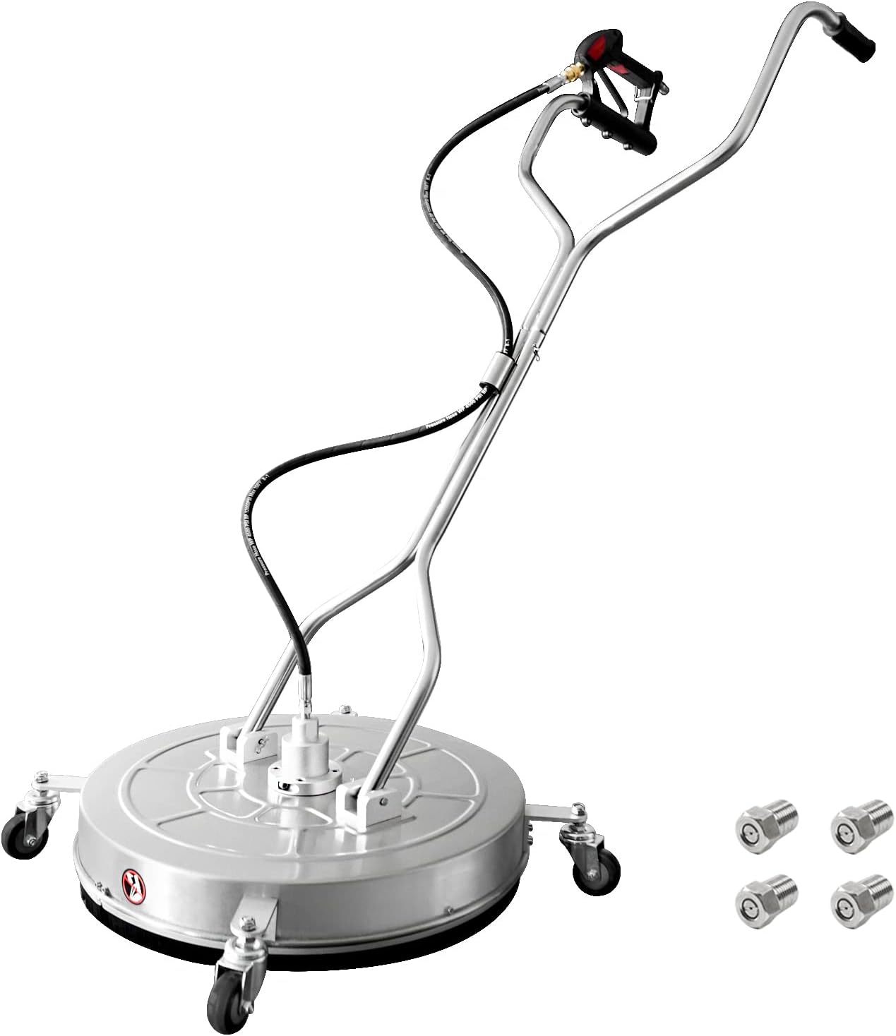 janz 14" Pressure Washer Surface Cleaner with 4 Wheels. Stainless Steel Housing. 1/4" Quick Plug. 2 Extension Wands. 2 Replacement Nozzles and 3 Spray Nozzles. 4000 PSI