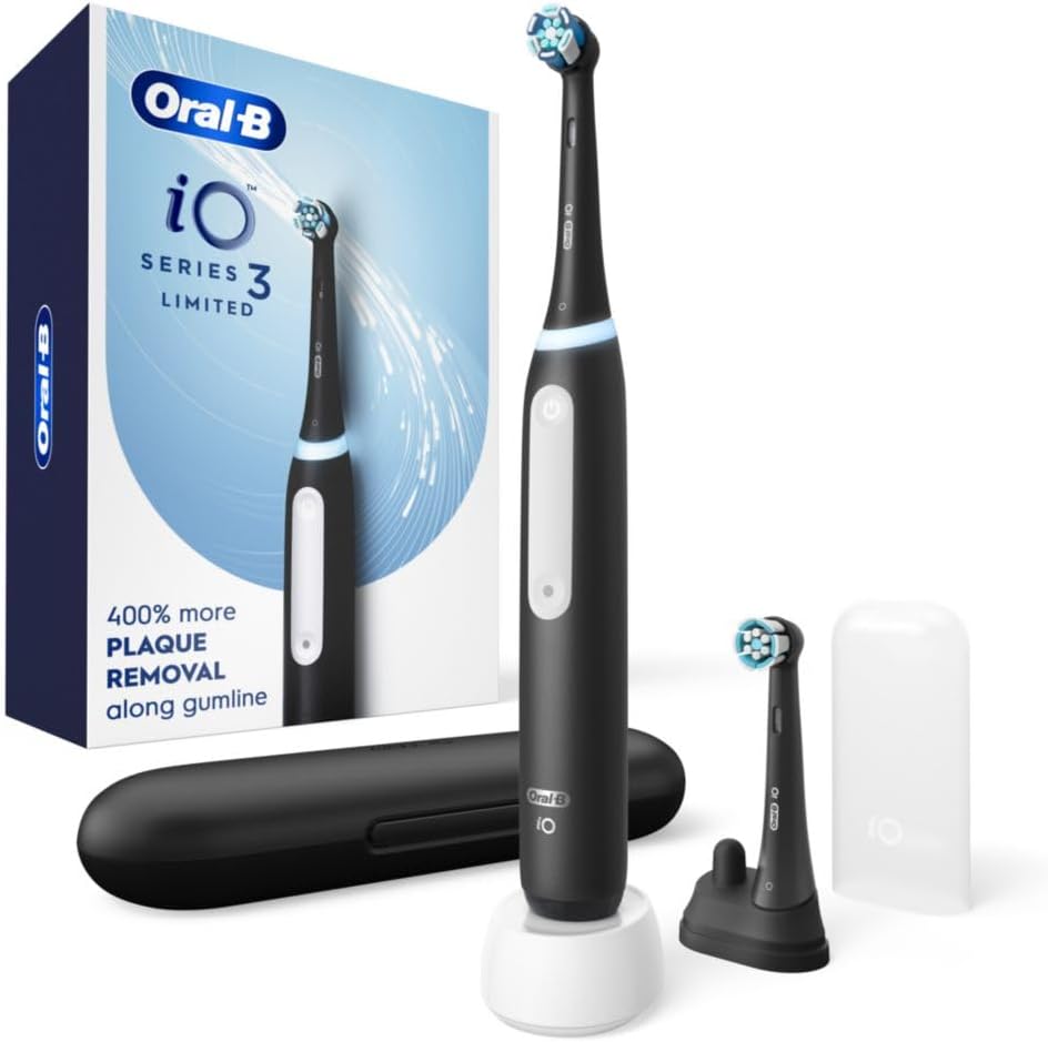 Oral-B iO Deep Clean Rechargeable Electric Powered Toothbrush. Black with iO Series 3 Limited. 2 Brush Heads and Travel Case - Pressure Sensor to Protect Gums - 3 Cleaning Settings - 2 Minute Timer