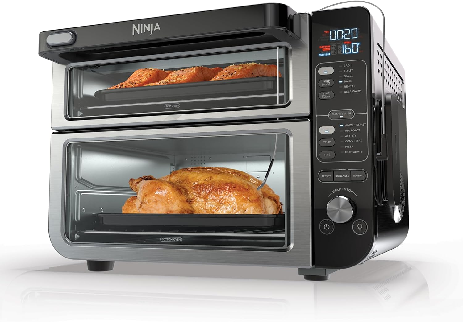 Ninja DCT451 12-in-1 Smart Double Oven with FlexDoor. Thermometer. FlavorSeal. Smart Finish. Rapid Top Convection and Air Fry Bottom . Stainless Steel