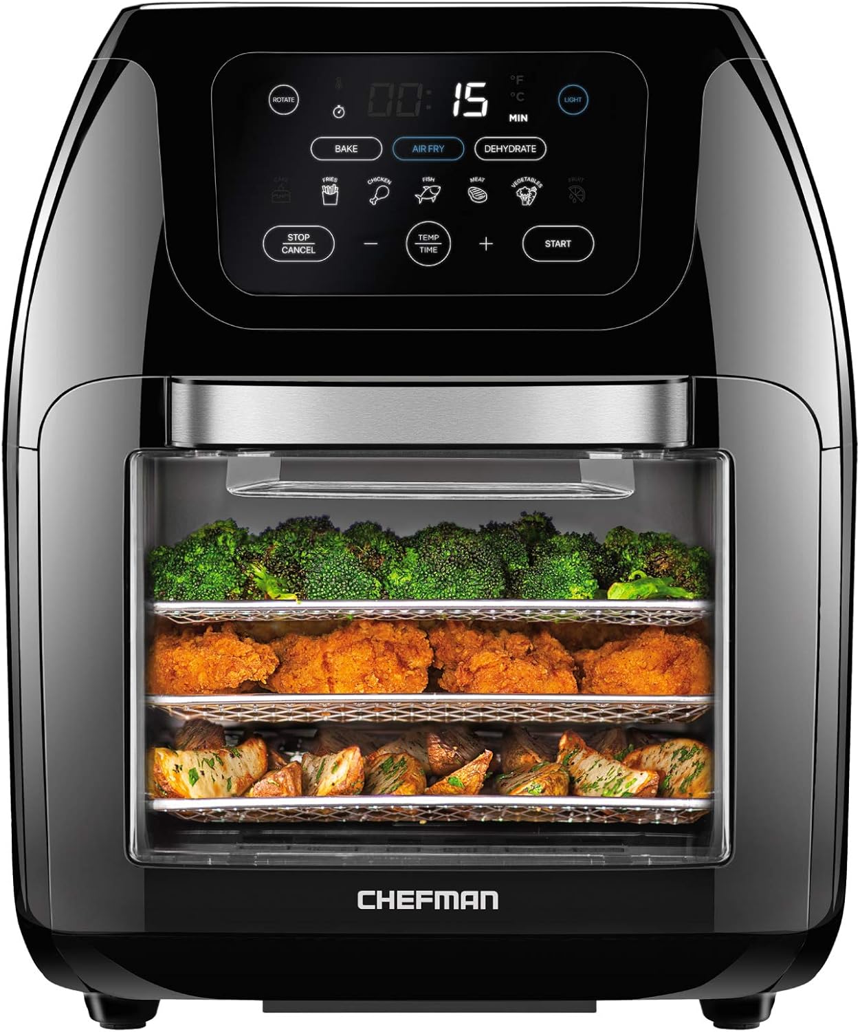 CHEFMAN Multifunctional Digital Air Fryer+ Rotisserie. Dehydrator. Convection Oven. 17 Touch Screen Presets Fry. Roast. Dehydrate. Bake. XL 10L Family Size. Auto Shutoff. Large Easy-View Window. Black