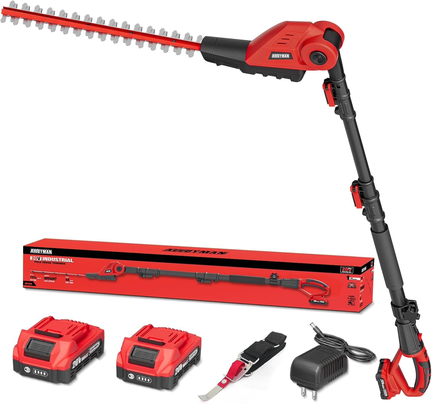 Alloyman 20V MAX Pole Hedge Trimmer.Telescoping Pole Hedge Trimmer.with 2 Packs 2.0Ah Batteries & Charger.8 Feet Hedge Trimmer for Shrubs Pruning