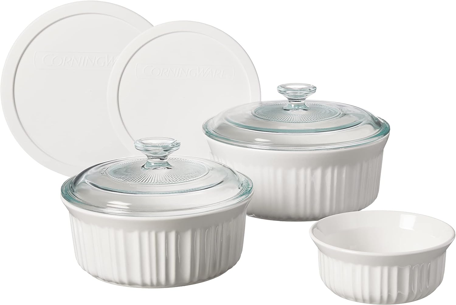 CorningWare French White 7-Pc Ceramic Bakeware Set with Lids Chip and Crack Resistant Stoneware Baking Dish. Microwave. Dishwasher. Oven. Freezer and Fridge Safe