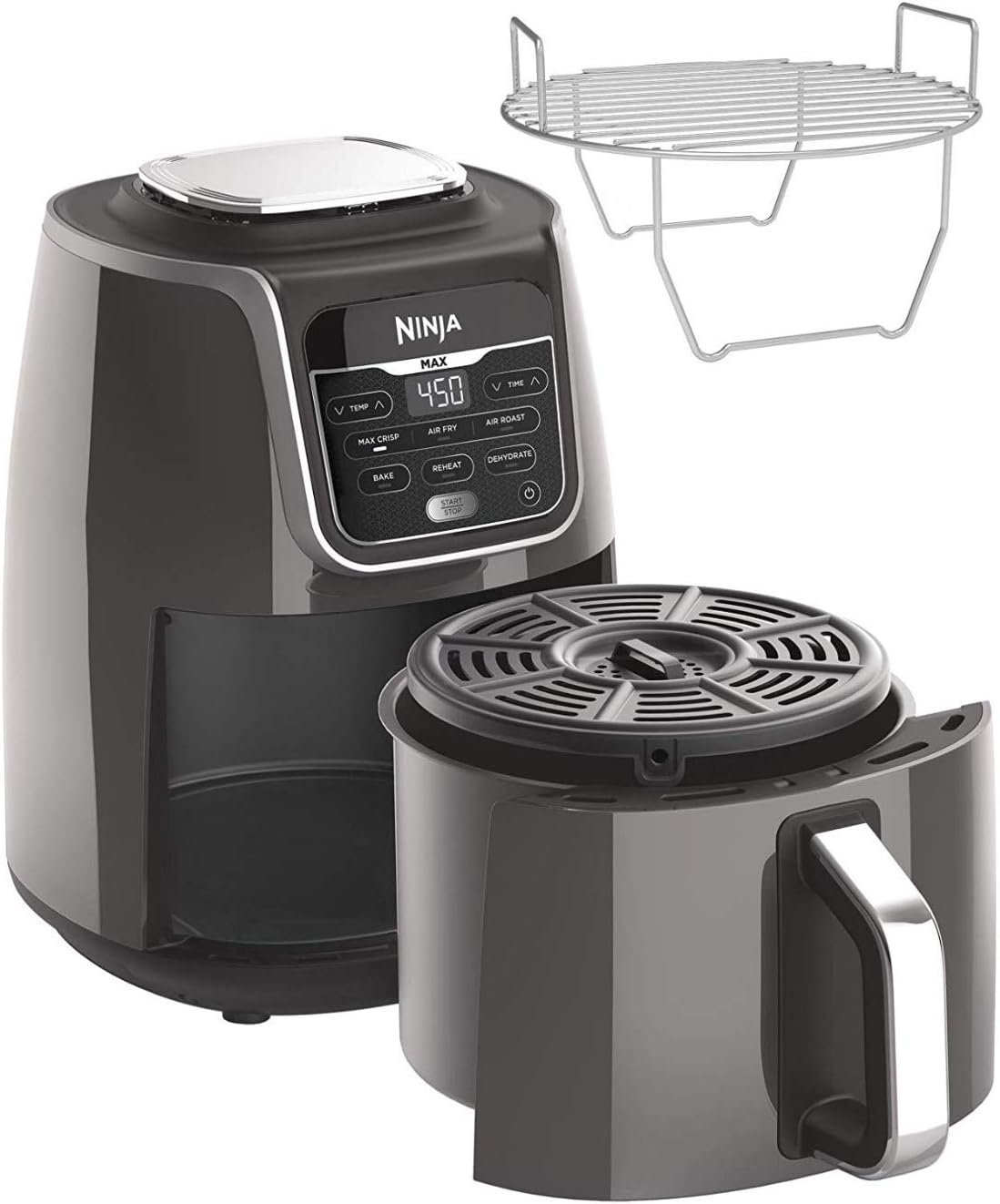 Ninja Air Fryer. Roast. Bake. Air Fry. Roast. Broil. Reheats. & Dehydrates. 4-in-1. Fries. Frozen Food. Veggies. and Juicy Meat. Less Oil. Easy Meals. Healthy Meals. Compact. 4 QT. Grey. AF101