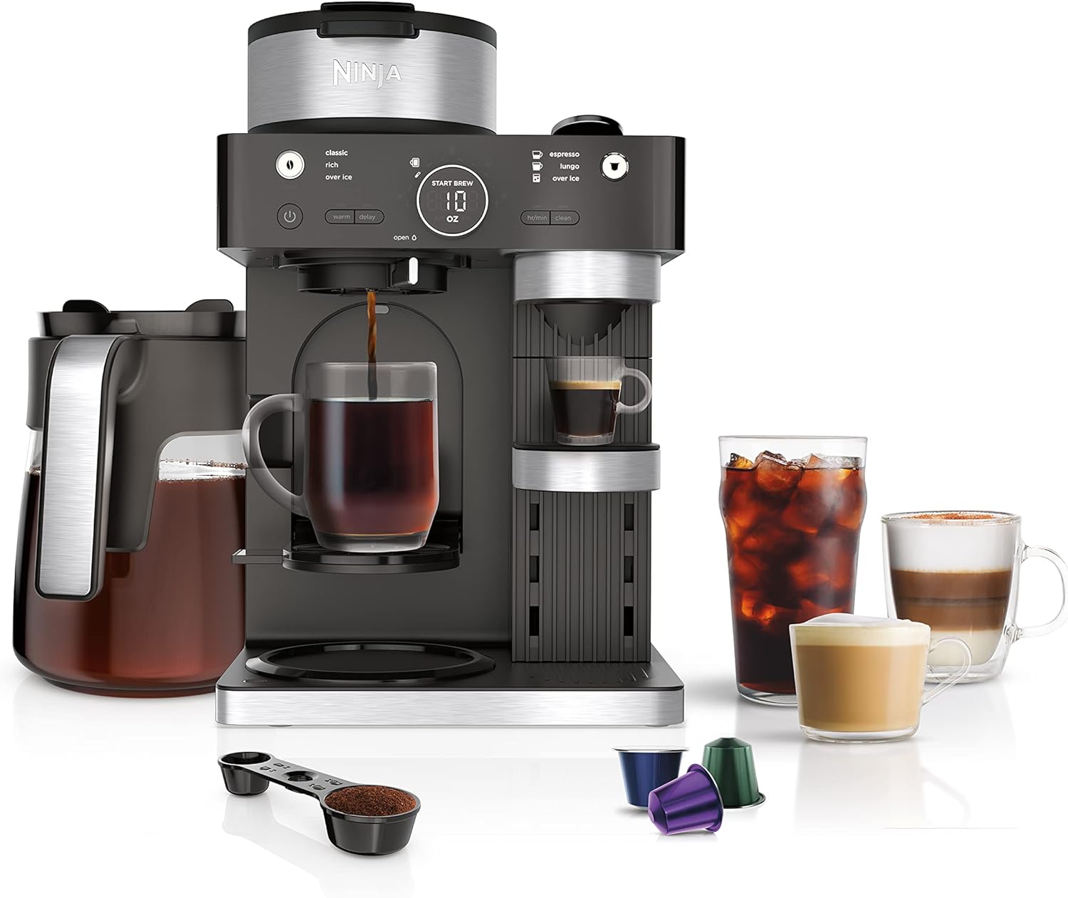 Ninja Espresso & Coffee Maker & Barista System. 3 Espresso Brew Styles. Single-Serve Coffee & Nespresso Capsule Compatible. Built-in Frother. Espresso. Cappuccino & Latte Maker. Black. CFN601