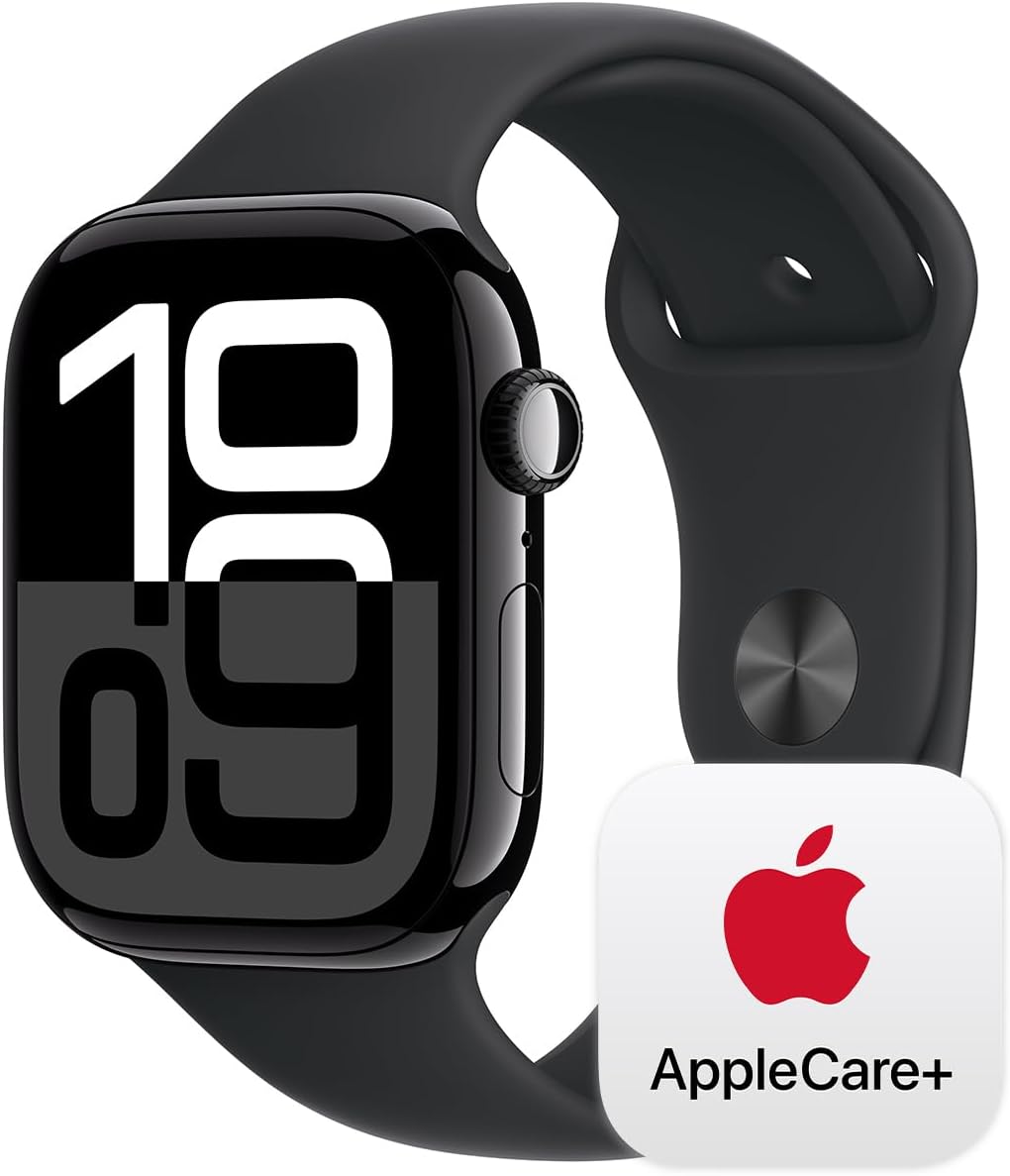 Apple Watch Series 10 [GPS 46mm case] Smartwatch with Jet Black Aluminium Case with Black Sport Band - M/L. Fitness Tracker. ECG App. Always-On Retina Display. Water Resistant