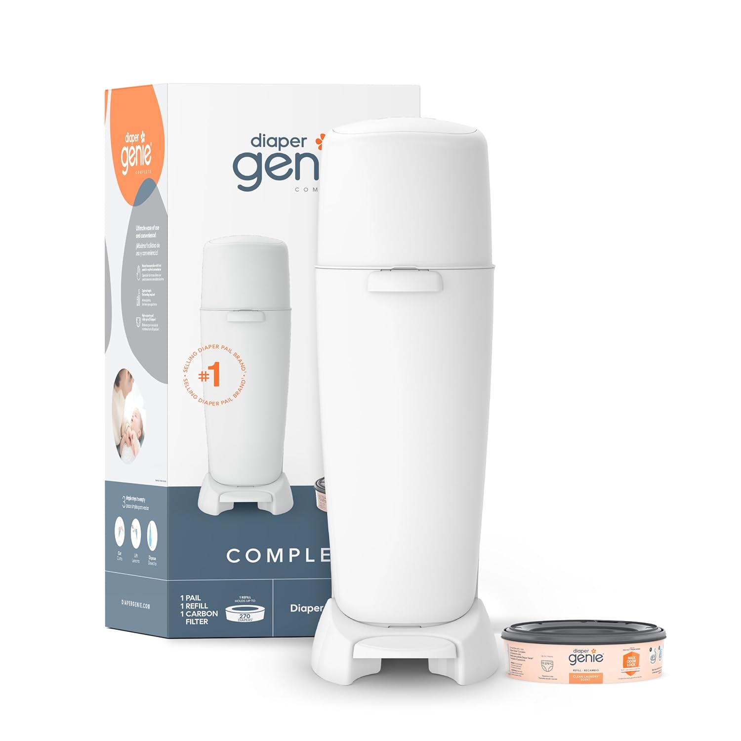 Playtex Diaper Genie Complete Pail with Built-In Odor Controlling Antimicrobial. Includes Pail & 1 Refill. White . 8.36 Pound