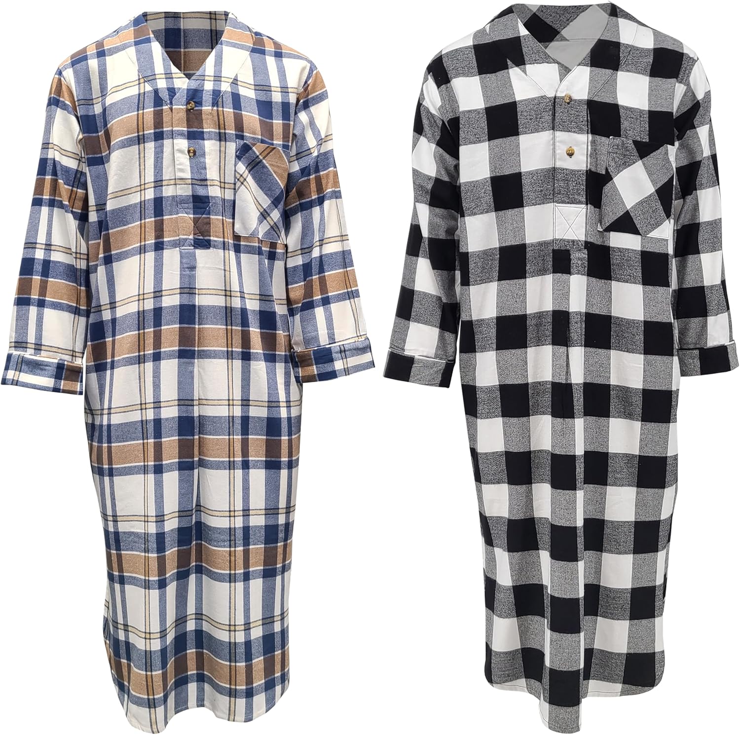 Andrew Scott Men's 2 Pack Lightweight Cotton Flannel Sleep Shirt. Long Henley Nightshirt Pajamas