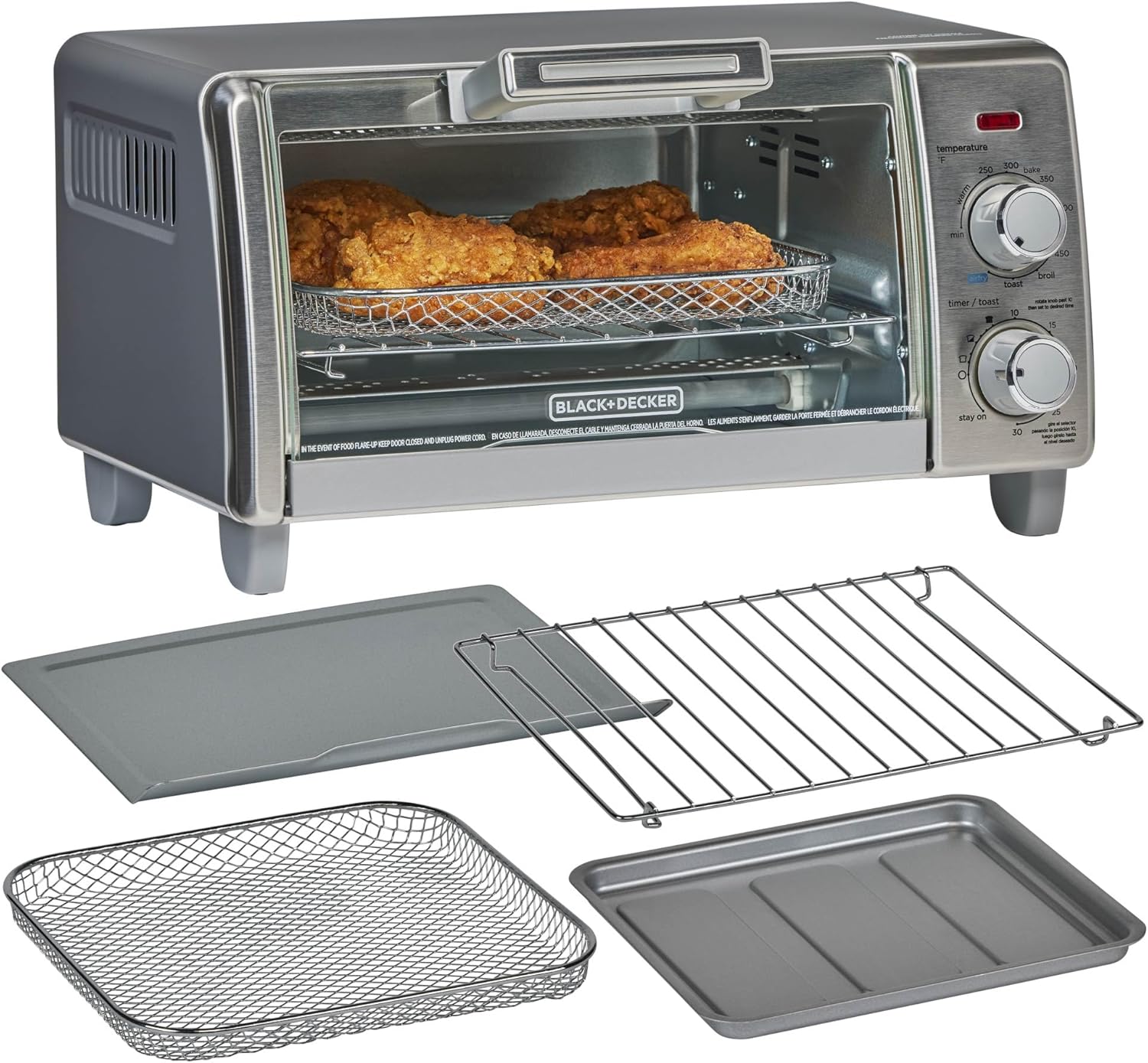 BLACK+DECKER Crisp 'N Bake Air Fry Countertop Convection Toaster Oven. Medium Capacity. 4-Slice. 5-in-1. Fits 9” Pizza. 30-Min Timer. Bake. Broil. Air Fry. Toast. Keep Warm. Stainless Steel