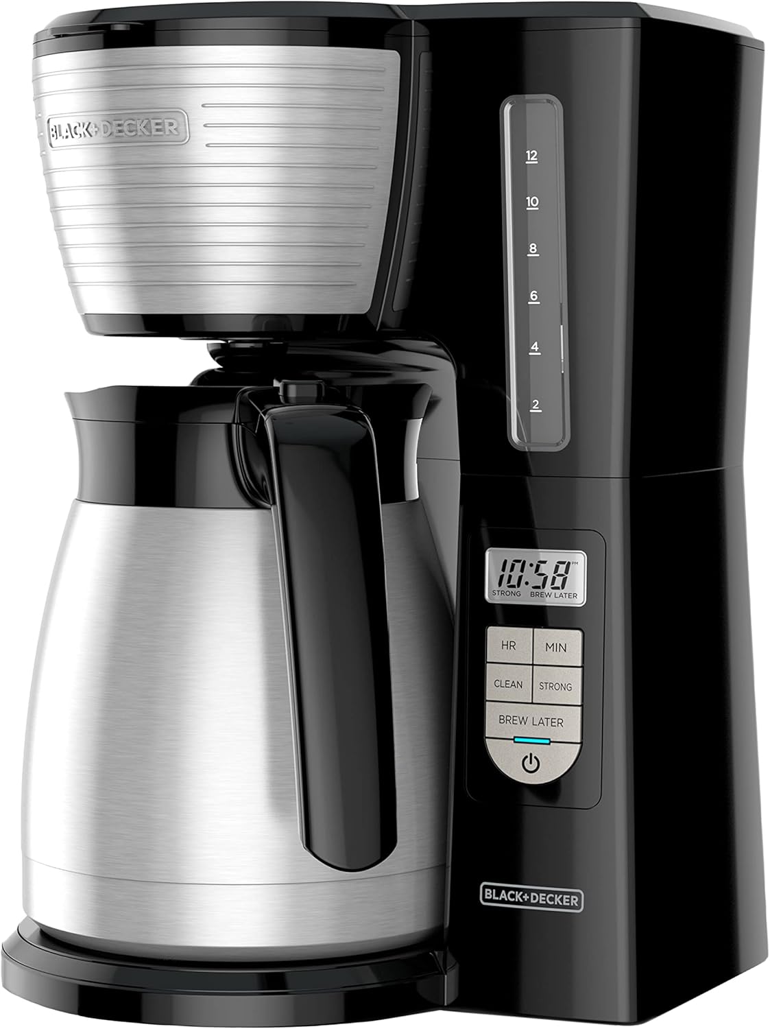 BLACK+DECKER 12-Cup Thermal Programmable Coffee maker. Brew Strength Selector. Auto-clean. Black and Silver