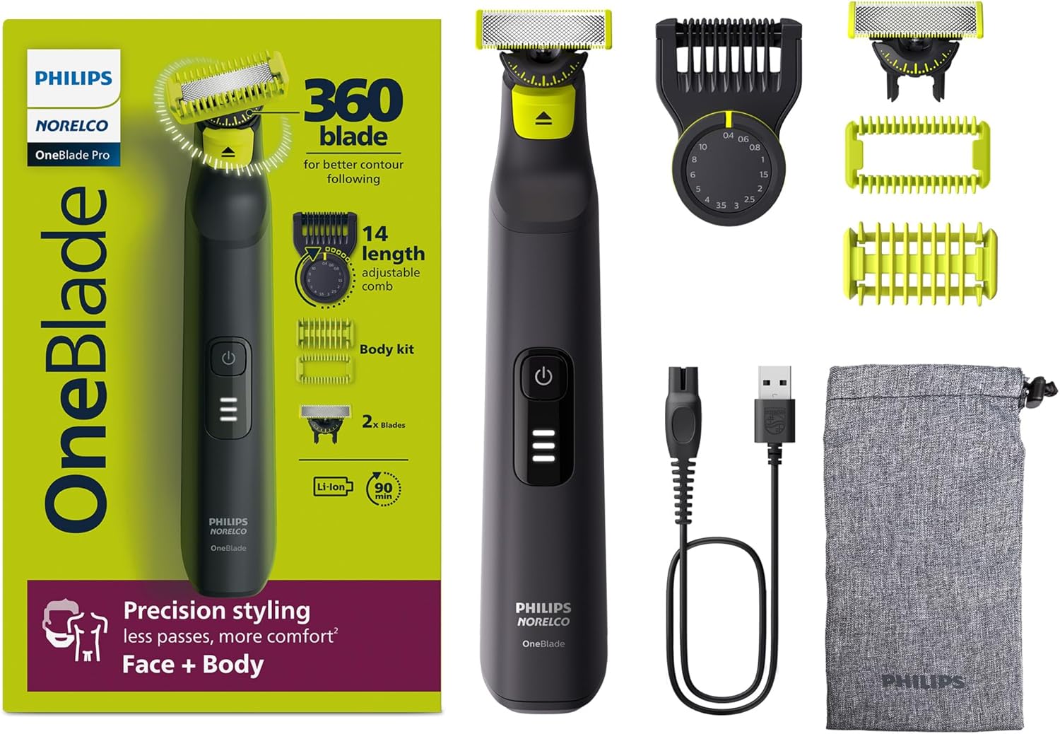 Philips Norelco OneBlade Pro 360 Face + Body. Electric Shaver. Beard Trimmer and Body Groomer. with 360 Blade Technology. 14-Length Precision Comb. Body Kit. Soft Pouch. Model QP6542/70