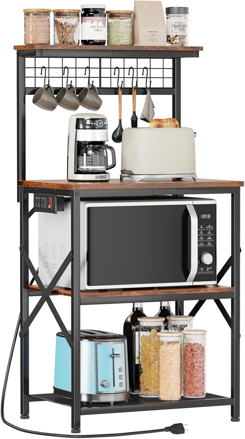 Furologee Kitchen Bakers Rack with Power Outlet. Microwave Oven Stand with Storage 4 Tiers. Coffee Bar Table with 6 S Hooks. Kitchen Storage Shelf Rack for Spices. Pots. Rustic Brown