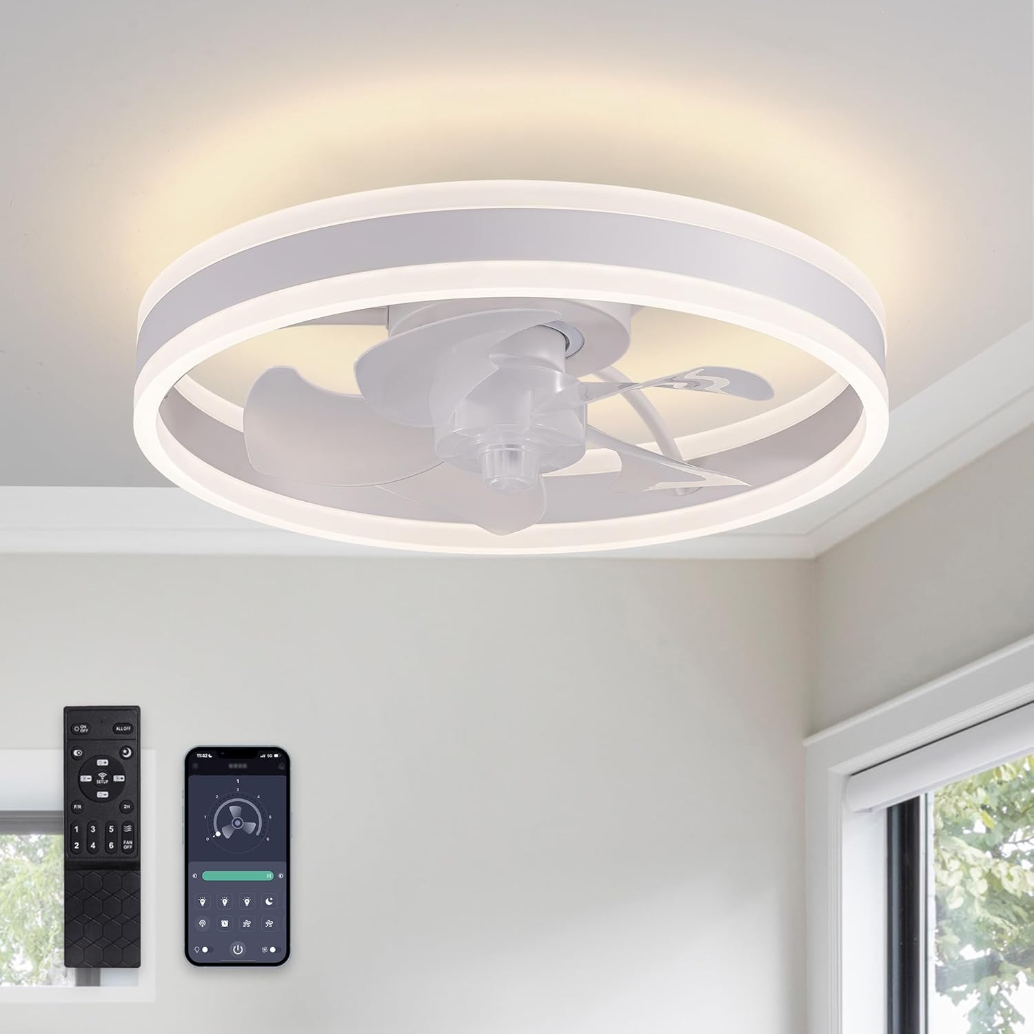 Ceiling Fans with Lights. Flush Mount Ceiling Fan with Lights and Remote. 6 Wind Speeds Smart Low Profile Ceiling Fan for Bedroom. Dining Room and Kitchen 20" (White)
