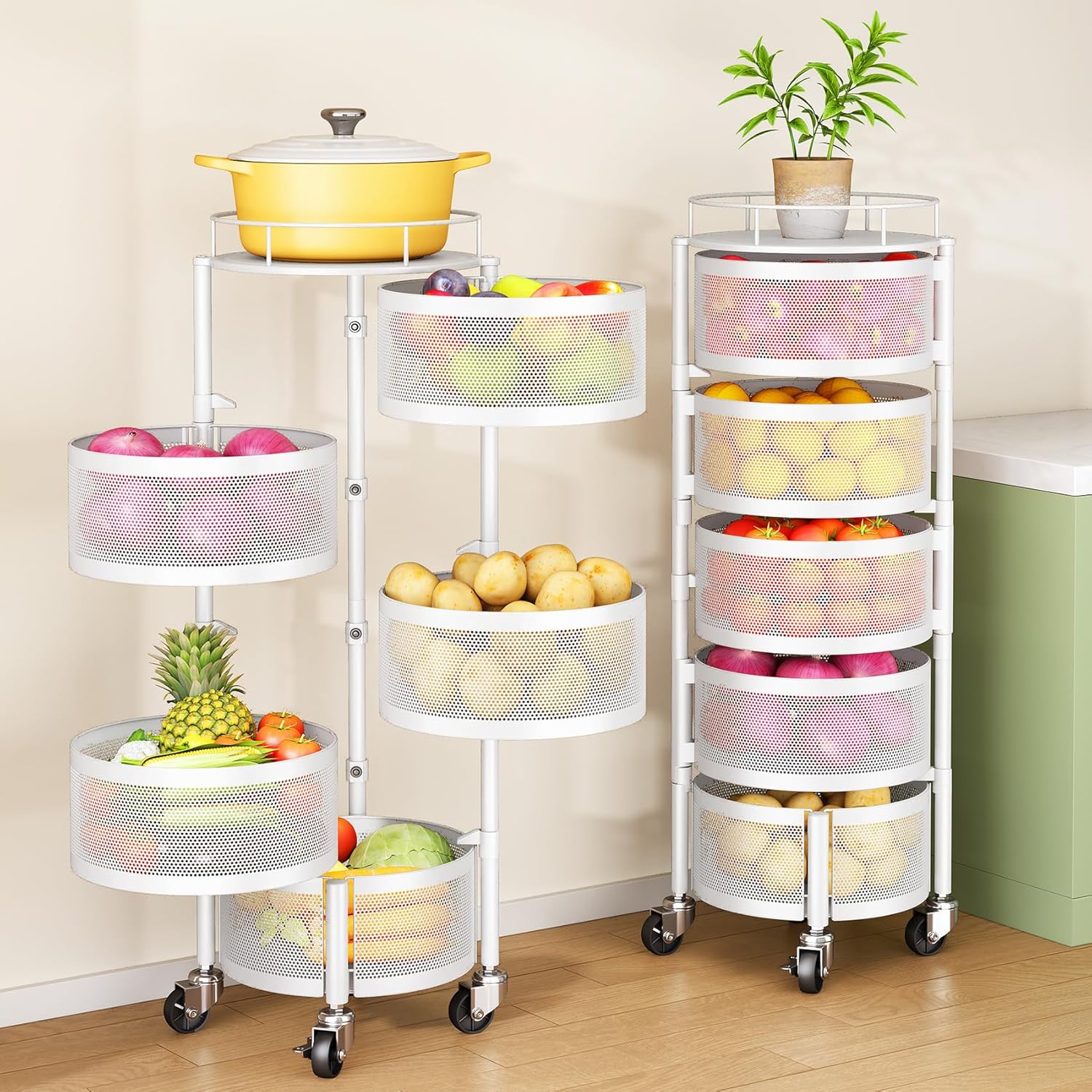 Fruit and Vegetable Basket Bowls for Kitchen with Metal Top Lid. SNTD 5 Tier Rotating Storage Rack Cart for Potato Onion Bread Banana. Wire Basket Organizer on Wheels. Large. Black