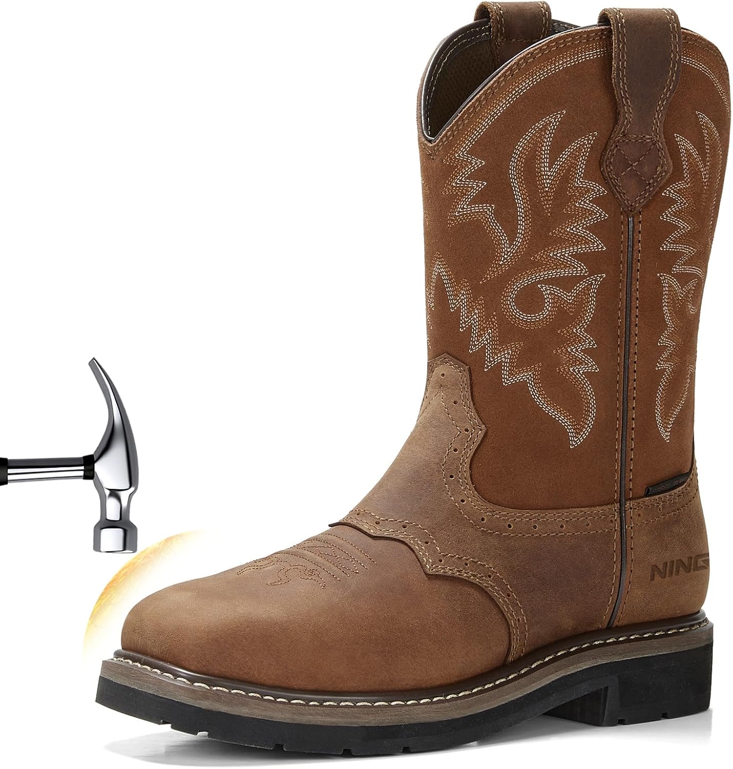 HISEA NINGO Men's Western Cowboy Boots Waterproof Square Toe Steel/Soft Toe Work Boots Comfortable Men's Slip On Pull On Safety Toe Leather Work Shoes for Construction Farming Industrial Welding