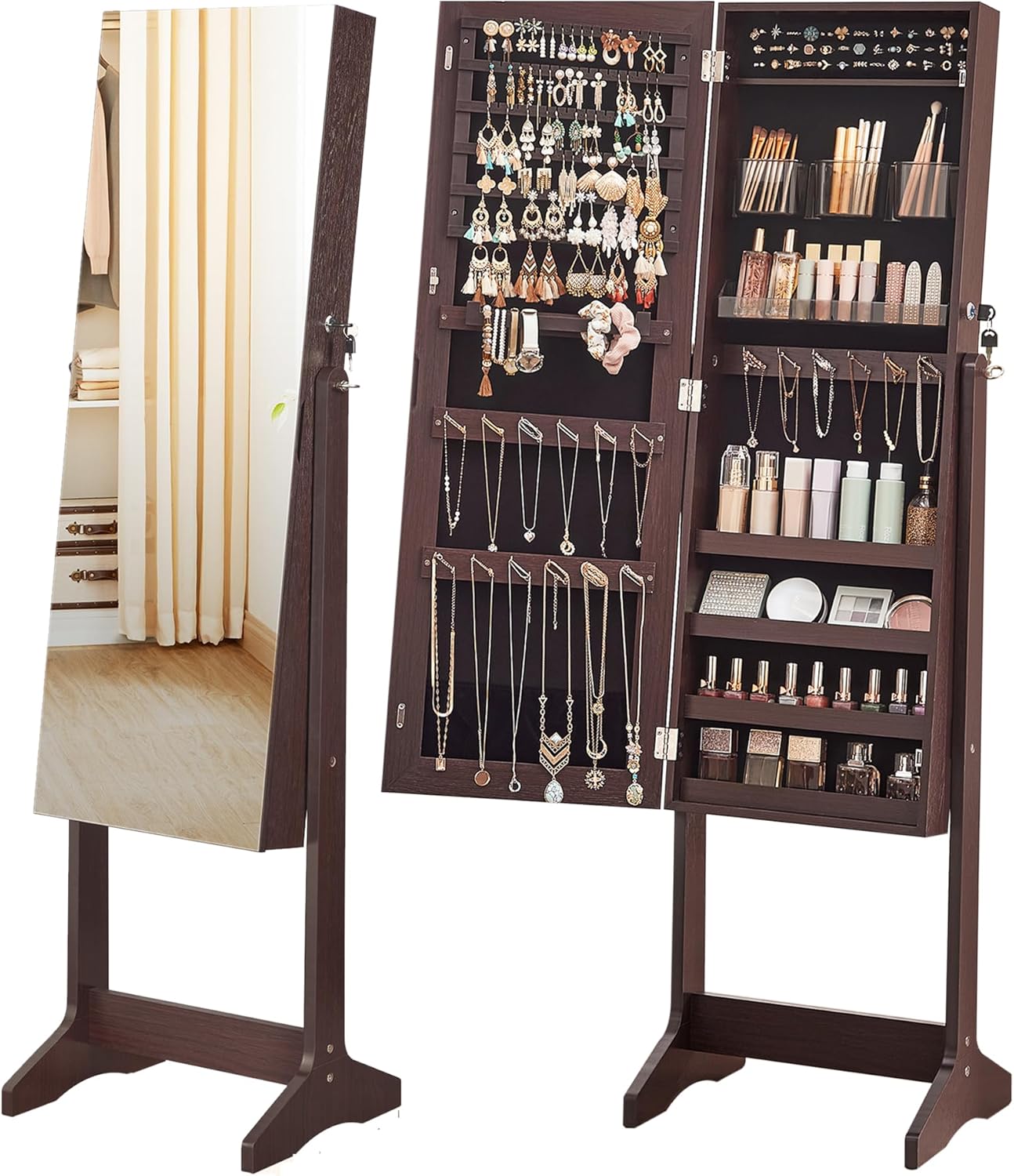 SONGMICS Jewelry Cabinet Armoire. Freestanding Lockable Storage Organizer Unit with 2 Plastic Cosmetic Storage. Full-Length Frameless Mirror. for Necklace Earring. White UJJC002W01