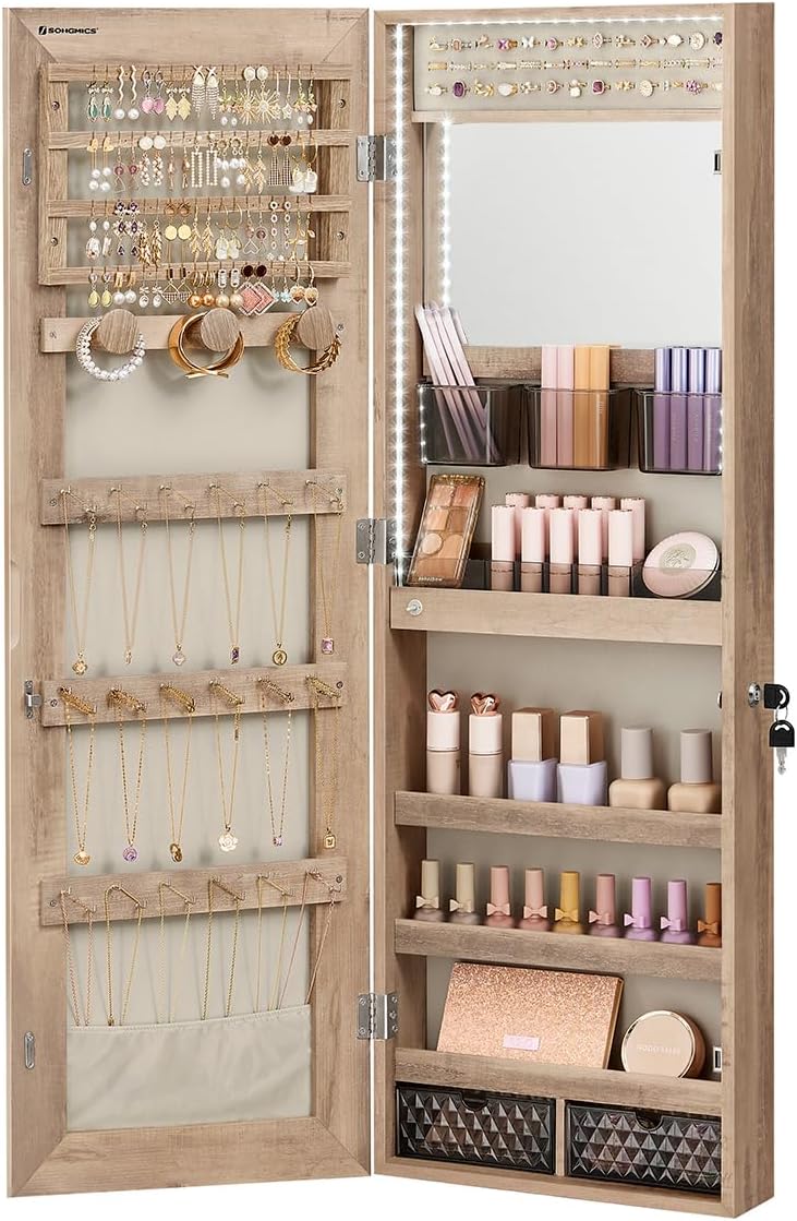 SONGMICS Mirror Jewelry Cabinet Armoire Organizer. Wall or Door Mount Storage Cabinet with Full-Length Frameless Lighted Mirror. Built-in Makeup Mirror. 2 Drawers. Lockable. White UJJC013W01