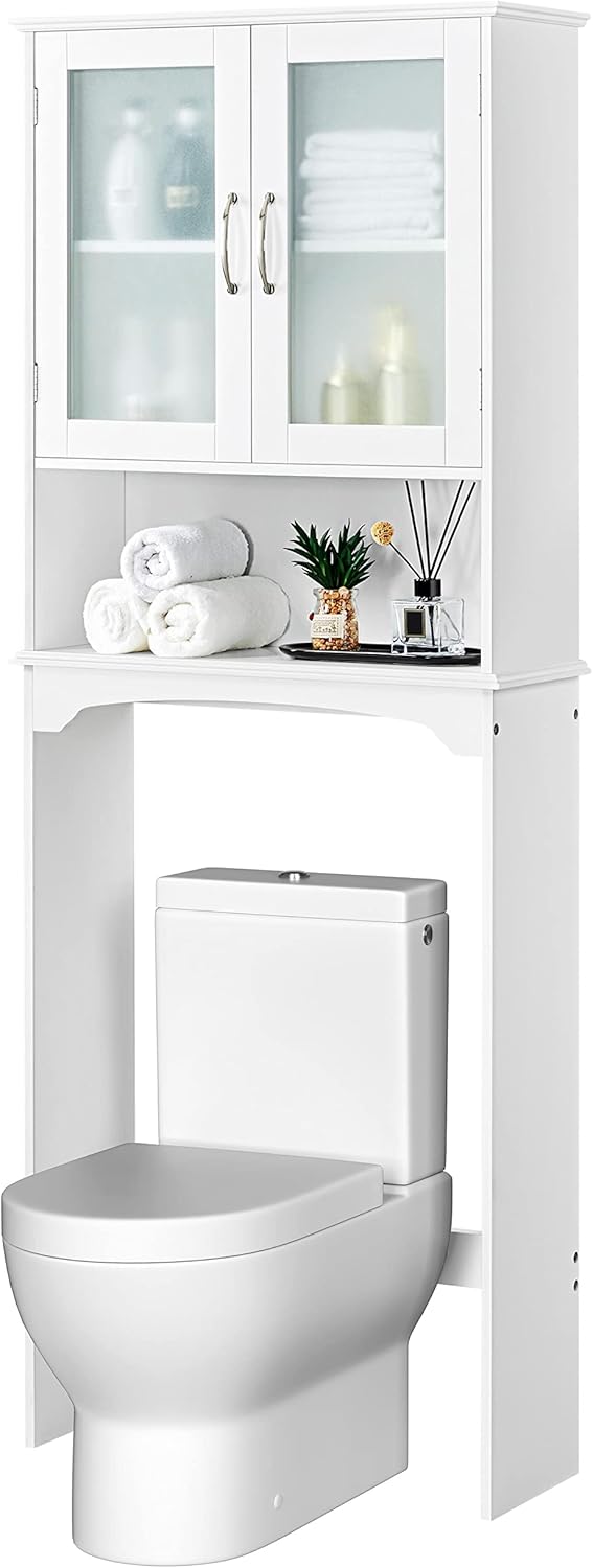 Yaheetech Over The Toilet Storage Cabinet with Double Tempered Glass Doors and Adjustable Shelf. Freestanding Bathroom Storage Rack. 66 Inches Height