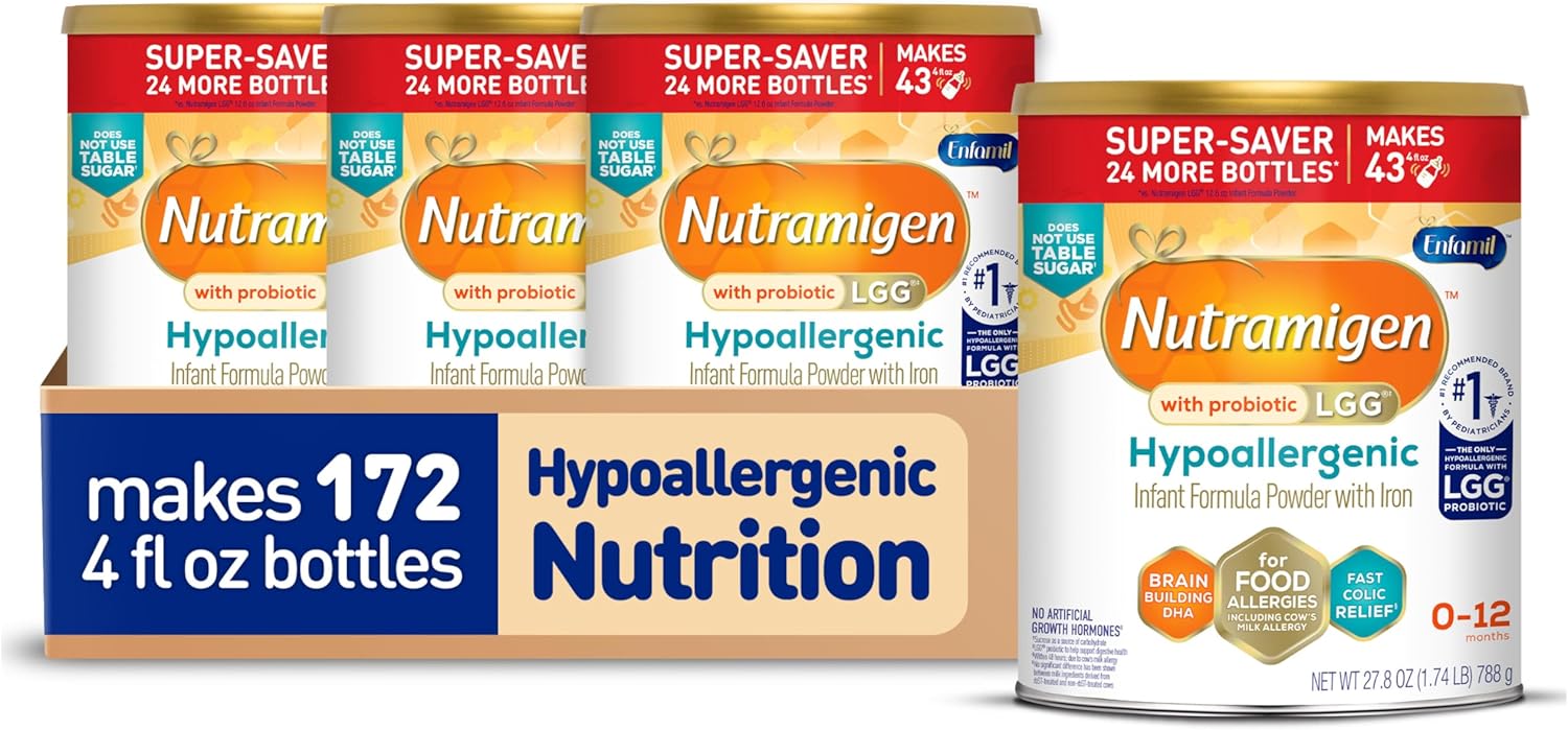 Enfamil Nutramigen Hypoallergenic Baby Formula with Iron. Lactose Free. Colic Relief from Cow's Milk Allergy Starts in 24 Hours. Brain Building DHA. Probiotic LGG for Immune Support. 27.8 Oz. 4 Count