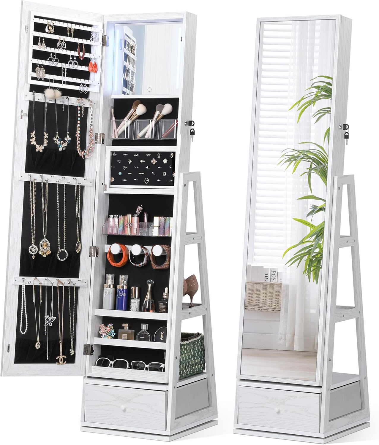 Nicetree 360° Swivel Jewelry Cabinet with Lights. Touch Screen Vanity Mirror. Rotatable Full Length Mirror with Jewelry Storage. Standing Jewelry Armoire Organizer. Christmas Gifts. Rustic Brown
