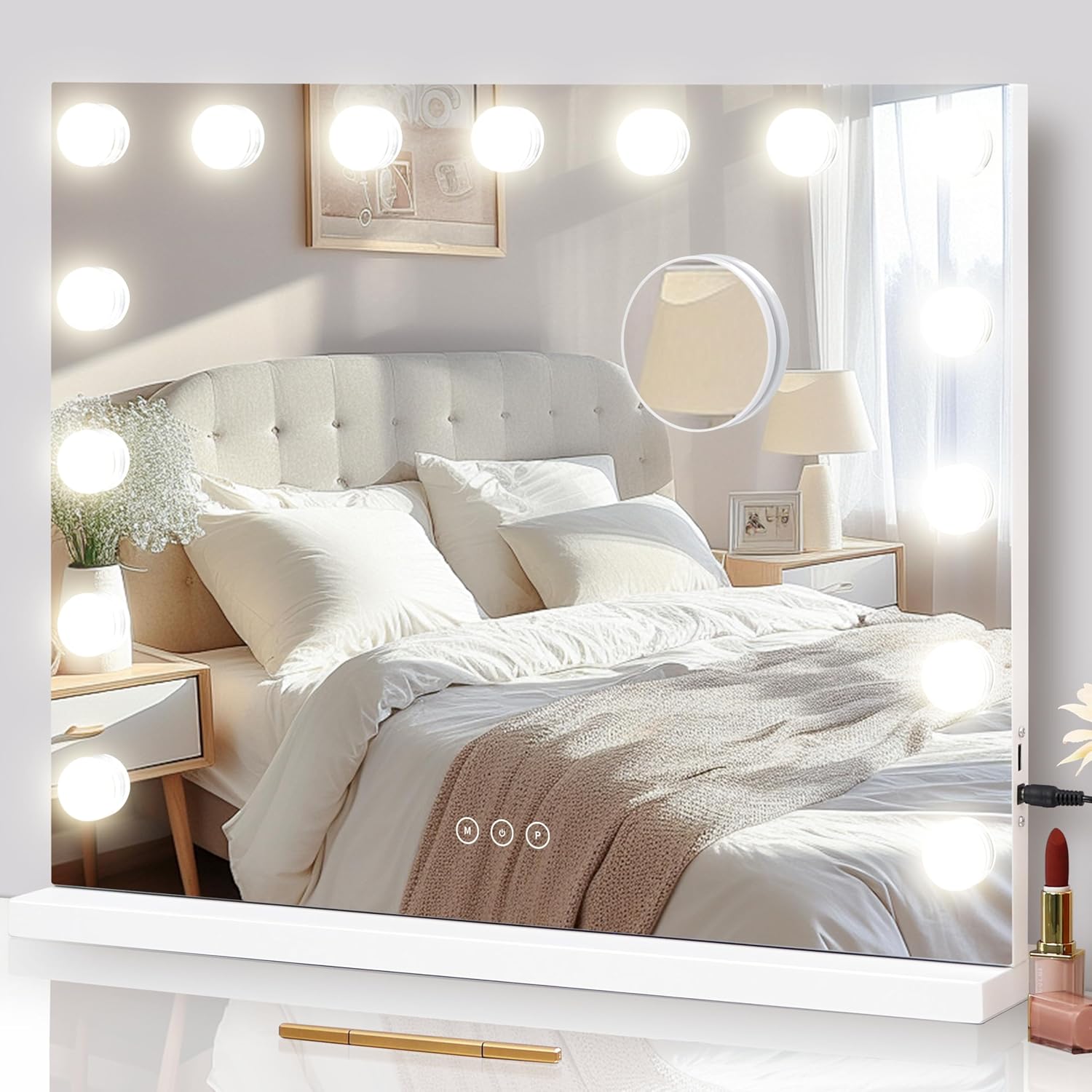 Vanity Mirror with Lights Lighted Makeup Mirror with 15 Dimmable LED Bulbs.3 Color Lighting Modes.USB Charging Port Touch Control.Sturdy Metal Frame Design 24x18 Inch.White