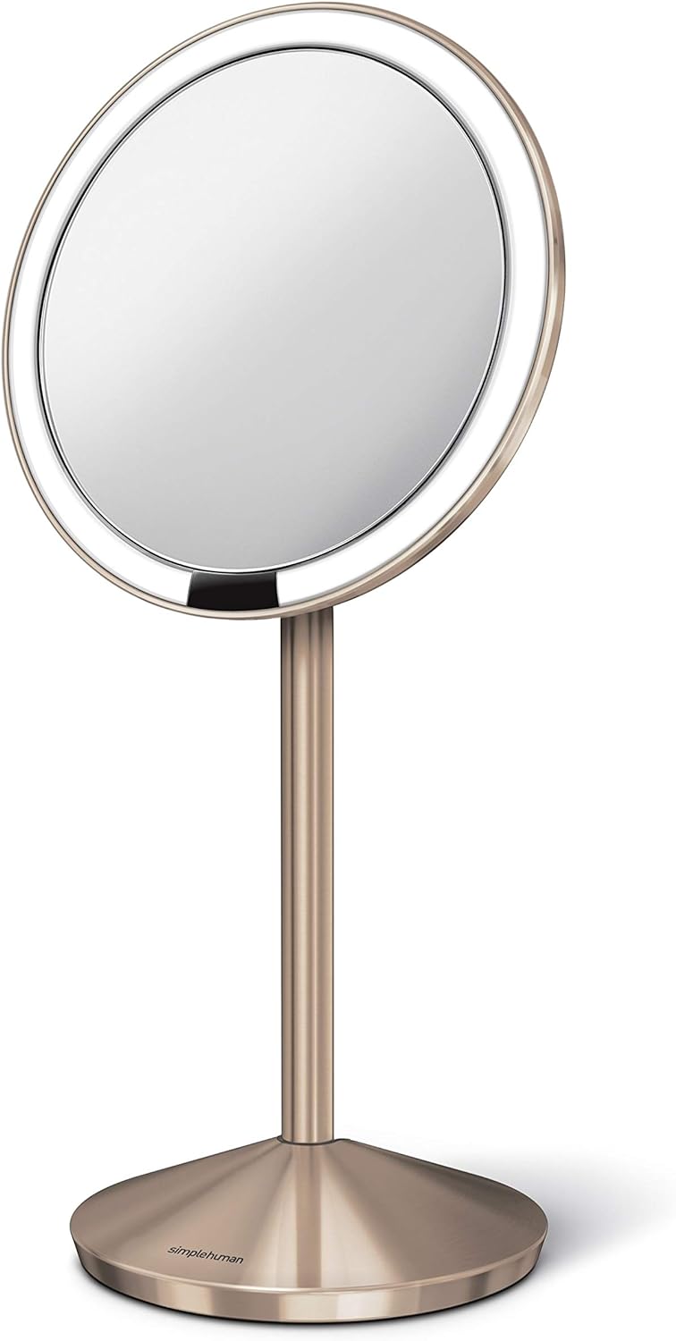 simplehuman Sensor Mirror. 5" Round Rechargeable Mini Travel Makeup Mirror. 10x Magnification. Brushed Stainless Steel