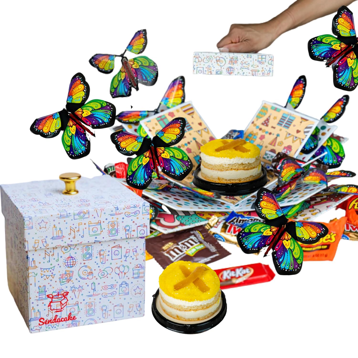 Send a Cake Explosion Box Gift with Flying Butterfly Surprise & Candy - Birthday. Holiday. Special Occasion – Birthday Treat for Women. Men. Adults. Kids
