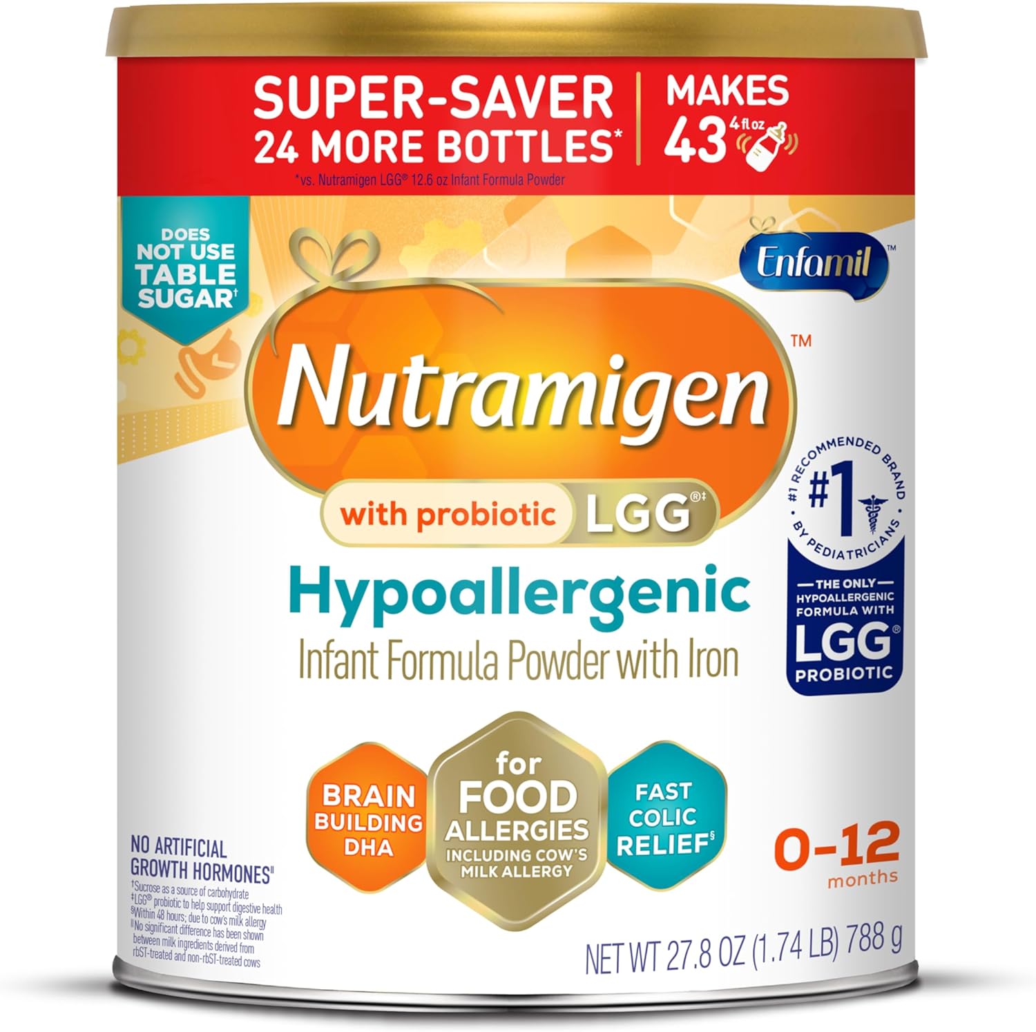 Enfamil Nutramigen Hypoallergenic Baby Formula with Iron. Lactose Free. Colic Relief from Cow's Milk Allergy Starts in 24 Hours. Brain Building DHA. Probiotic LGG for Immune Support. 27.8 Oz Can