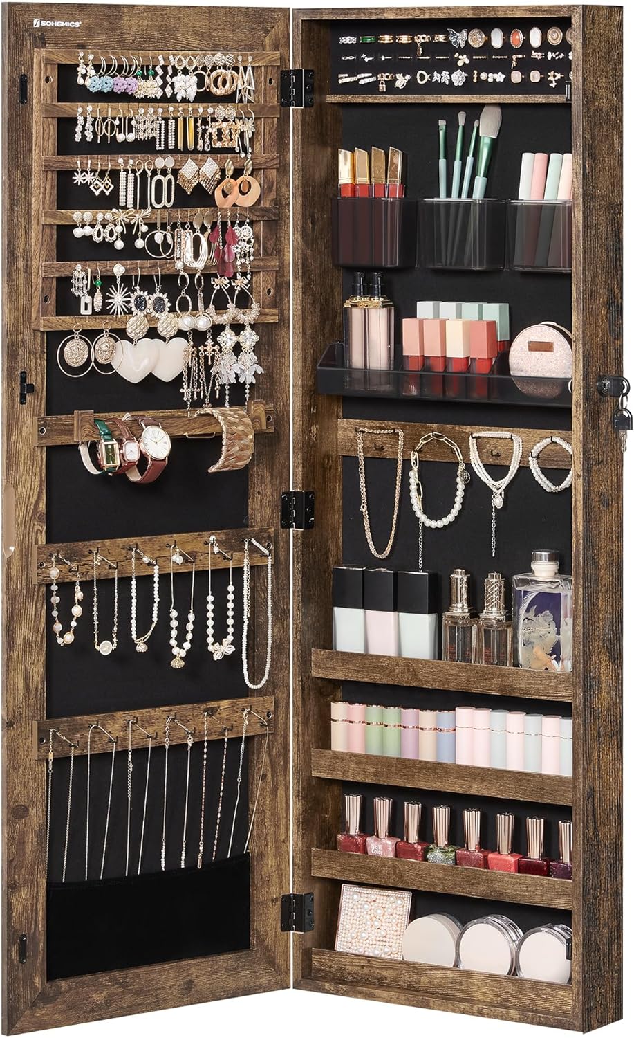 SONGMICS Mirror Jewelry Cabinet Armoire. Wall or Door Mounted Jewelry Storage Organizer. Hanging Lockable Frameless Mirror Cabinet with 2 Cosmetic Organizers. Gift Idea. Toasted Oak Color UJJC001N01