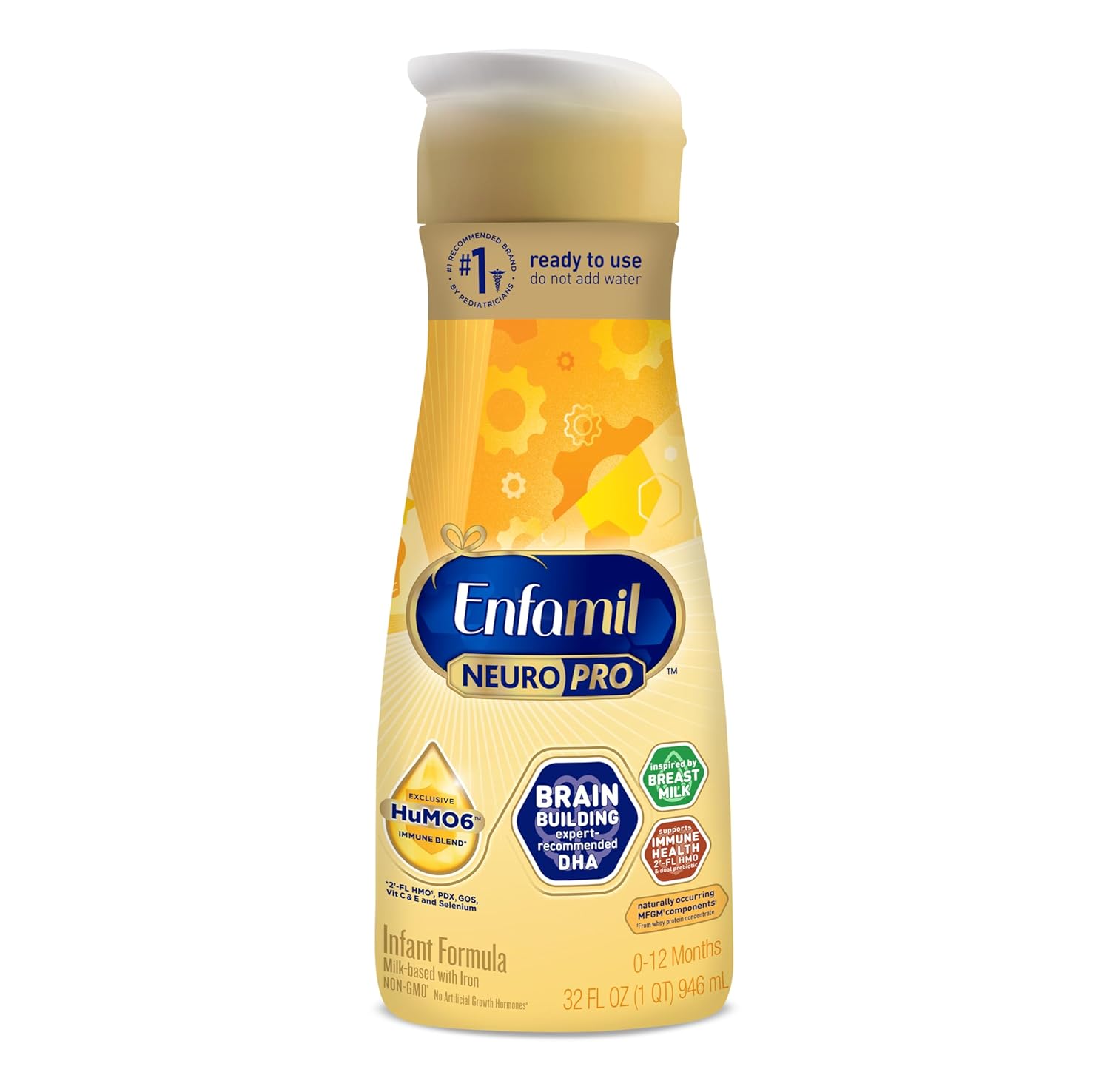 Enfamil NeuroPro Baby Formula. MFGM* 5-Year Benefit. Expert-Recommended Brain-Building Omega-3 DHA. Exclusive Immune Supporting HuMO6 Blend. Ready-to-Feed Infant Formula. Liquid. 32 Fl Oz (6 Count)