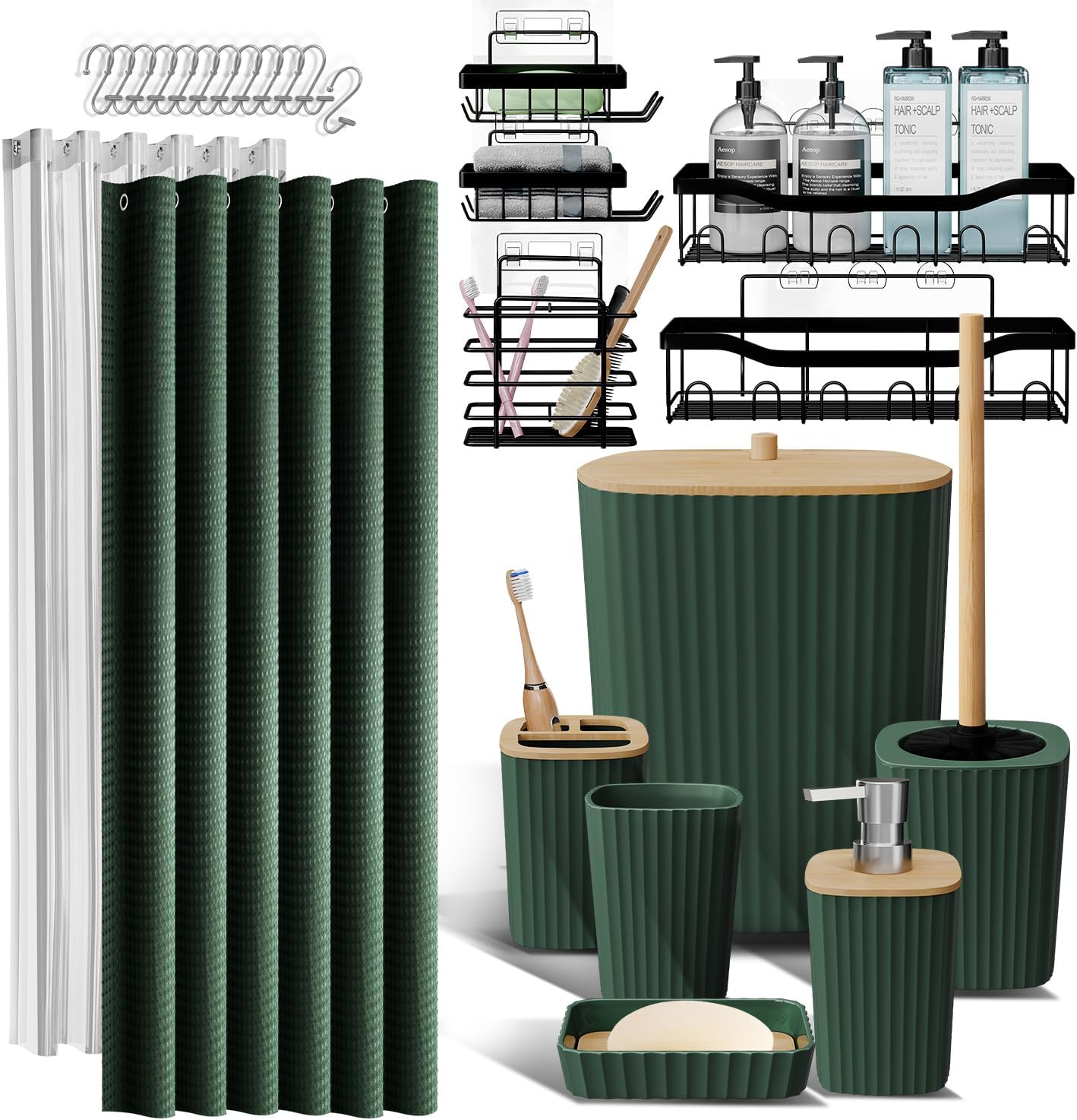 Bathroom Accessories Set with Shower Caddy and Bath Rugs 27PC Bathroom Accessory Set with Shower Caddies Green Bath Rugs. Shower Curtain Set. Toilet Brush. Trash Can. Soap Dispenser. Toothbrush holder