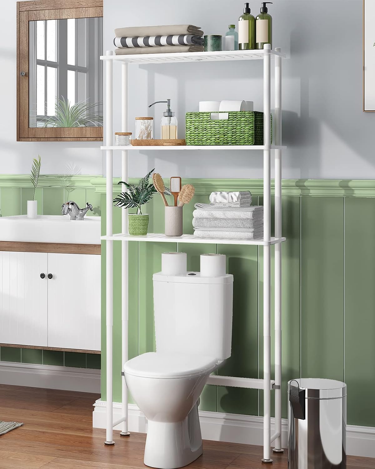 AmazerBath Over The Toilet Storage Shelf Bamboo. 3-Tier Over Toilet Organizer Rack. Freestanding Above Toilet Shelf for Bathroom. Laundry. Space Saver. Natural Color