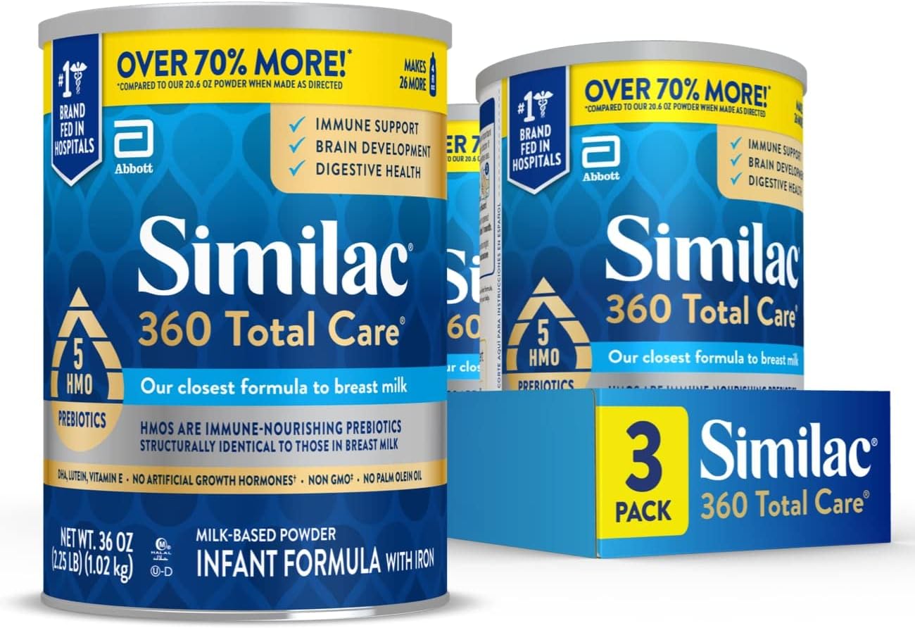 Similac 360 Total Care Infant Formula. Has 5 HMO Prebiotics. Our Closest Prebiotic Blend to Breast Milk. Non-GMO. Baby Formula Powder. 36-oz Value Can. Pack of 3