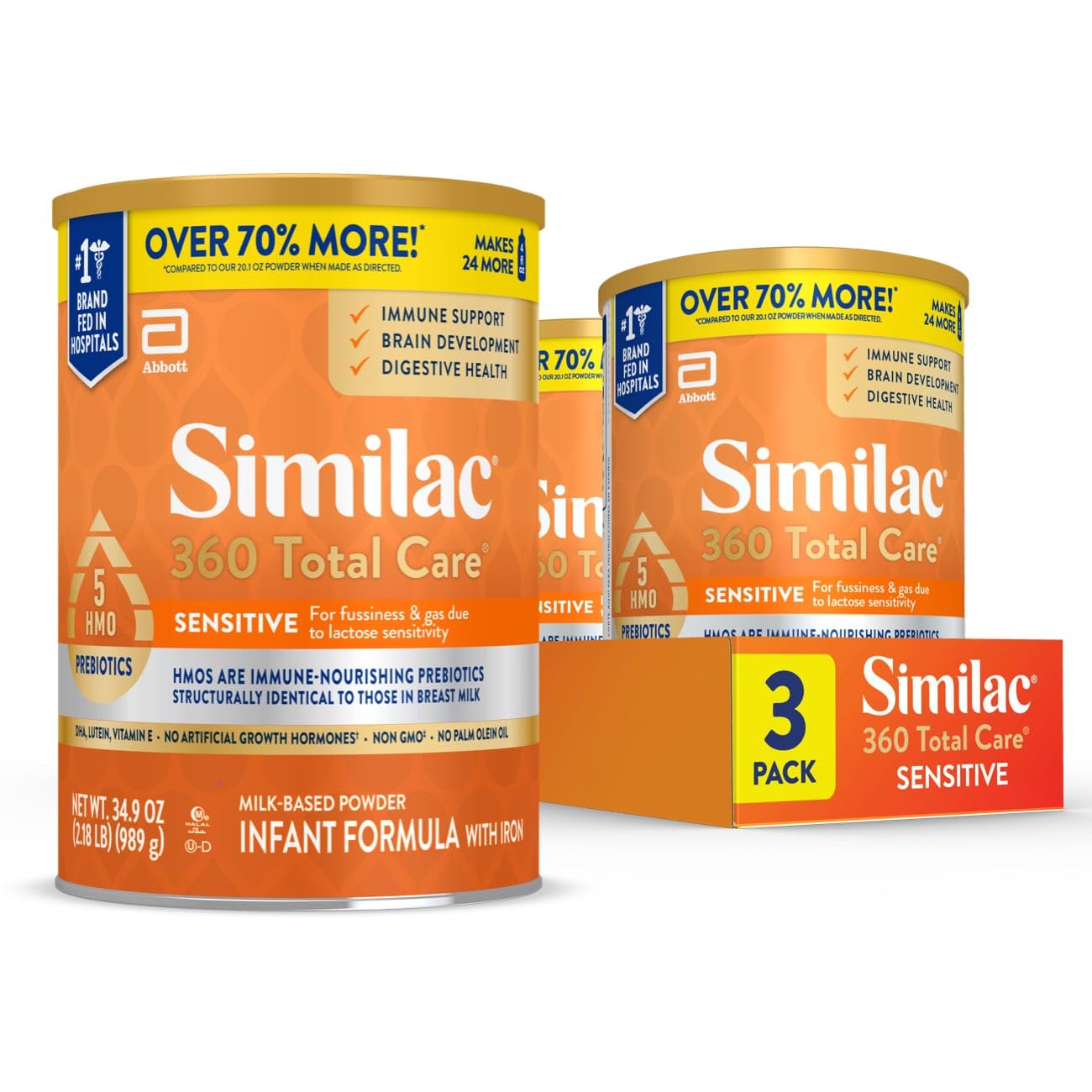 Similac 360 Total Care Sensitive Infant Formula for Fussiness & Gas Due to Lactose Sensitivity. Has 5 HMO Prebiotics. Non-GMO. Baby Formula Powder. 34.9-oz Value Can. Pack of 3