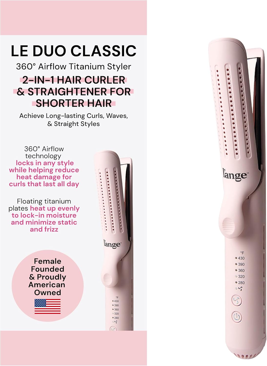 L'ANGE HAIR Le Duo Grande 360° Airflow Styler | 2-in-1 Curling Wand & Titanium Flat Iron Professional Hair Straightener and Curler with Cooling Air Vents to Lock in Style (Blush)