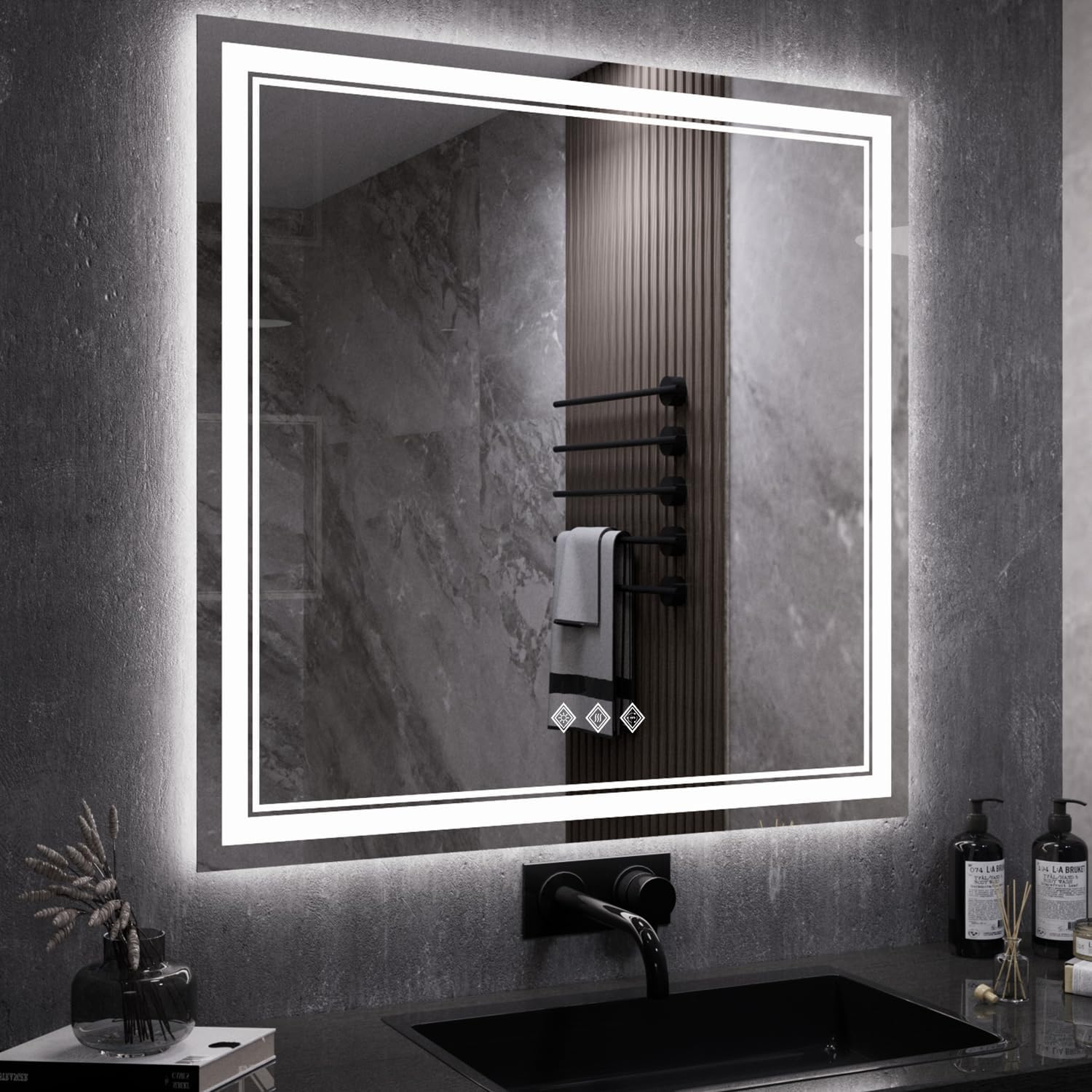 LED Bathroom Mirror. 24x32 Inch Gradient Front and Backlit LED Mirror for Bathroom. 3 Colors Dimmable CRI>90 Double Lights. IP54 Enhanced Anti-Fog. Hanging Plates Vanity Mirror with Lights