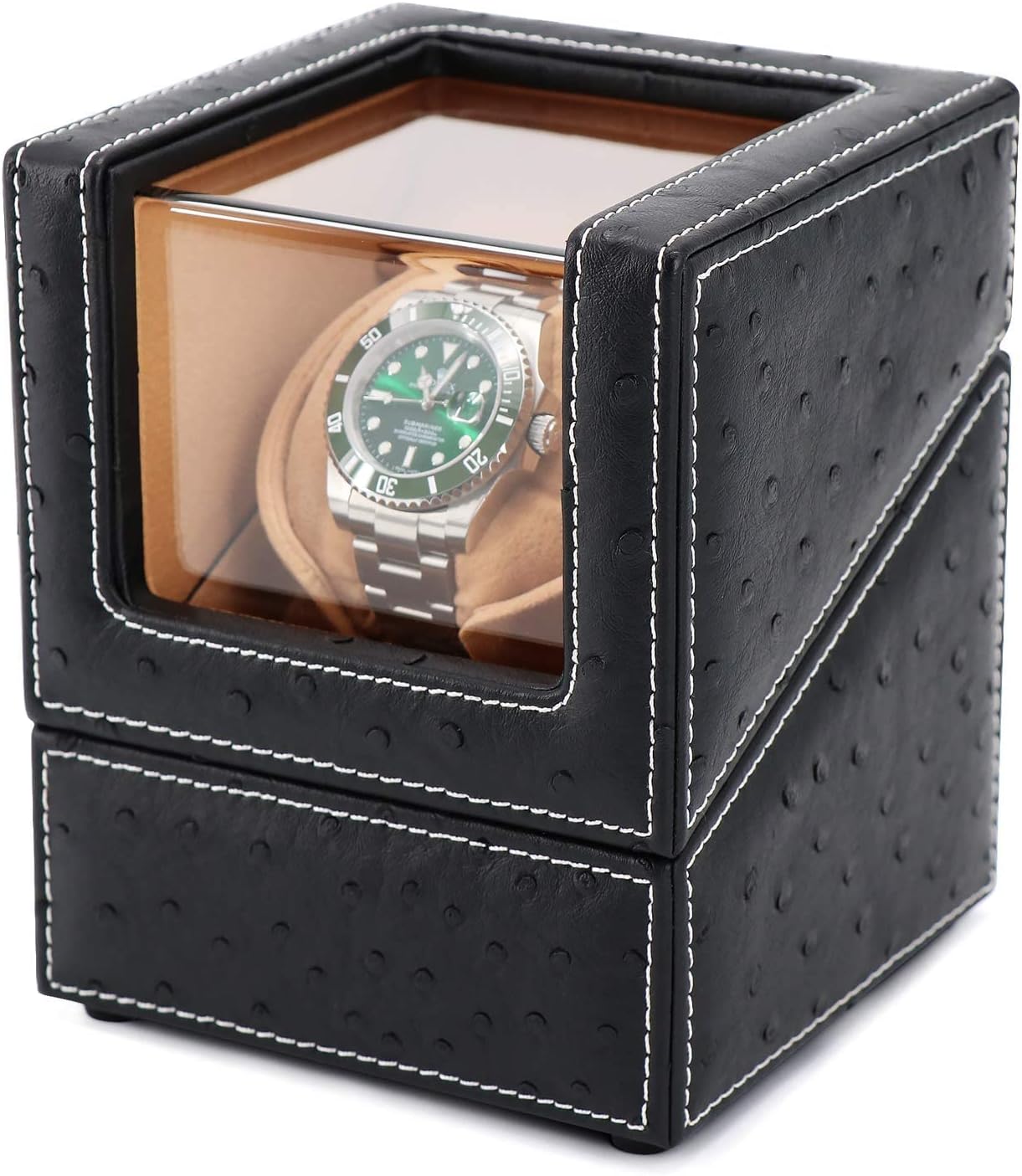Automatic Single Watch Winder for Rolex and Other Luxury Watches - Automatic Winder with Quiet Motor. Premium Black Ostrich Leather Exterior and Soft Flexible Watch Pillows of Camel Velvet