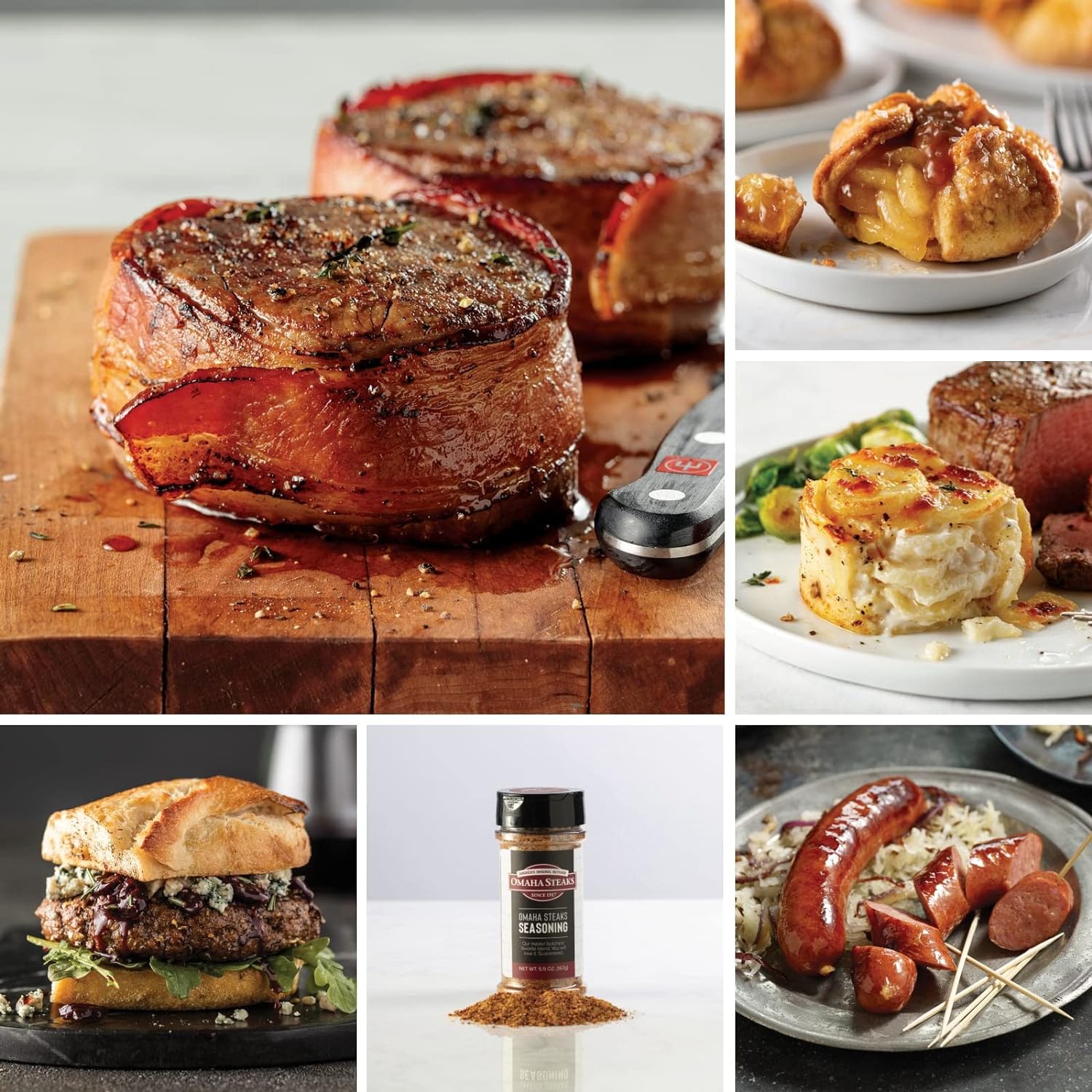 Omaha Steaks Deluxe Gift Package (4 Bacon-Wrapped Filet Mignons. 4 Steak Burgers. 4 Gourmet Jumbo Franks. 4 Potatoes au Gratin. 4 Caramel Apple Tartlets. 1 jar Omaha Steaks Seasoning)