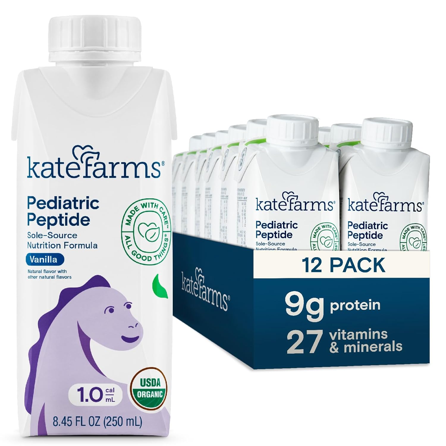 KATE FARMS Organic Pediatric Peptide 1.5 Formula. Vanilla. Sole-Source Hydrolyzed Plant-Based Nutrition for Oral or Tube Feeding. 8.45 oz (12 pack)
