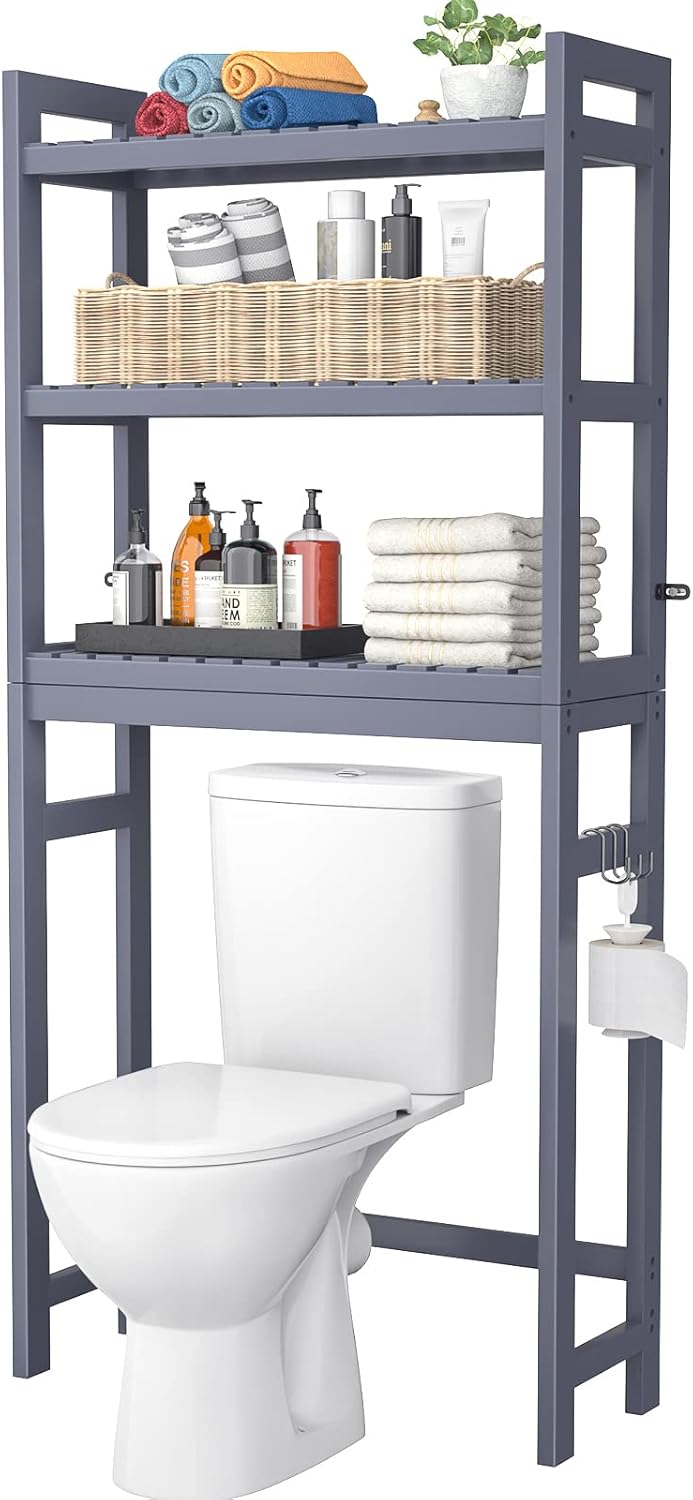 Homykic Bamboo Over The Toilet Storage Shelf. 3-Tier Above Toilet Storage Organizer Rack with 3 Hooks. Freestanding Bathroom Tower Shelf Unit for Small Space. No Rust. Easy to Assemble. Black