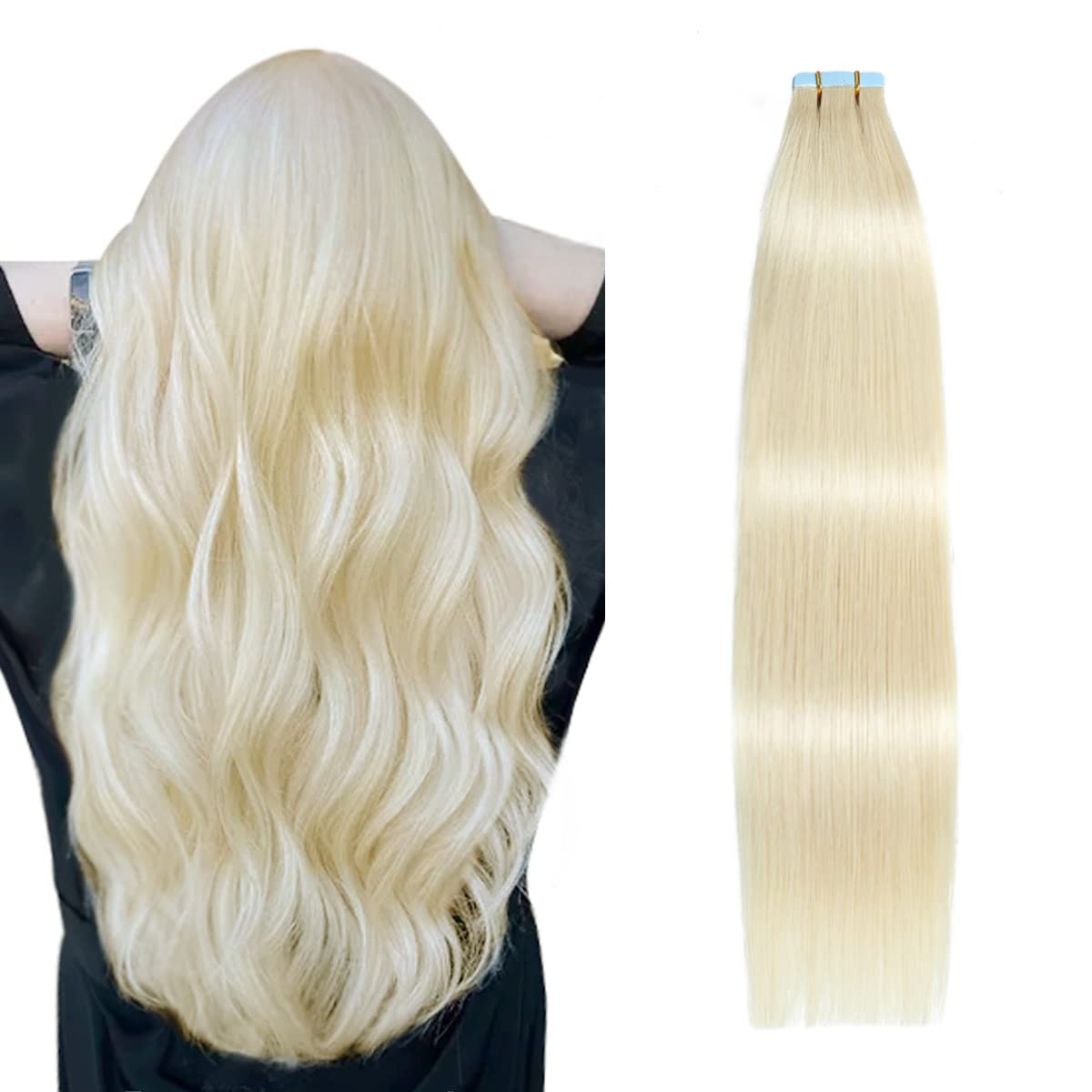 SUYYA Tape in Hair Extensions Jet Black 100% Remy Human 20 inches 20pcs 50g/pack Straight Seamless Skin Weft Hair(20 #1 Black)