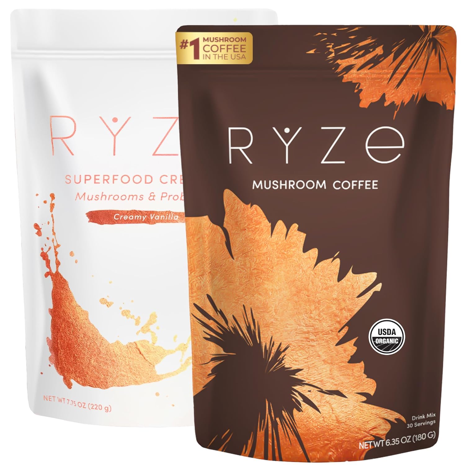 RYZE SUPERFOODS RYZE n Shine Bundle. USDA Organic Mushroom Coffee + Probiotic Coffee Creamer with 6 Adaptogenic Mushrooms and MCT Oil or Better Energy. Focus. Digestion. Immunity. 60 servings