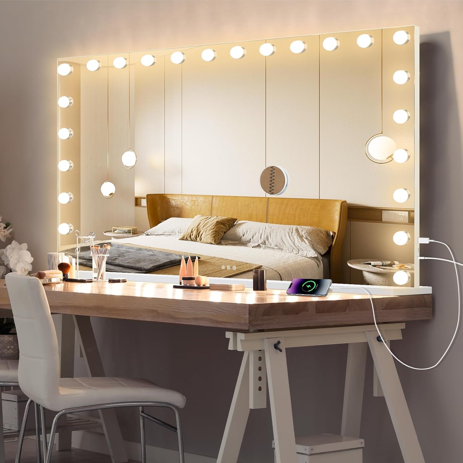Hollywood Vanity Mirror with Lights. 15 Dimmable Bulbs .3 Color Lights .Make Up Lighted Mirror. Aluminum Metal Frame.USB Charging Port（23" x 18"）
