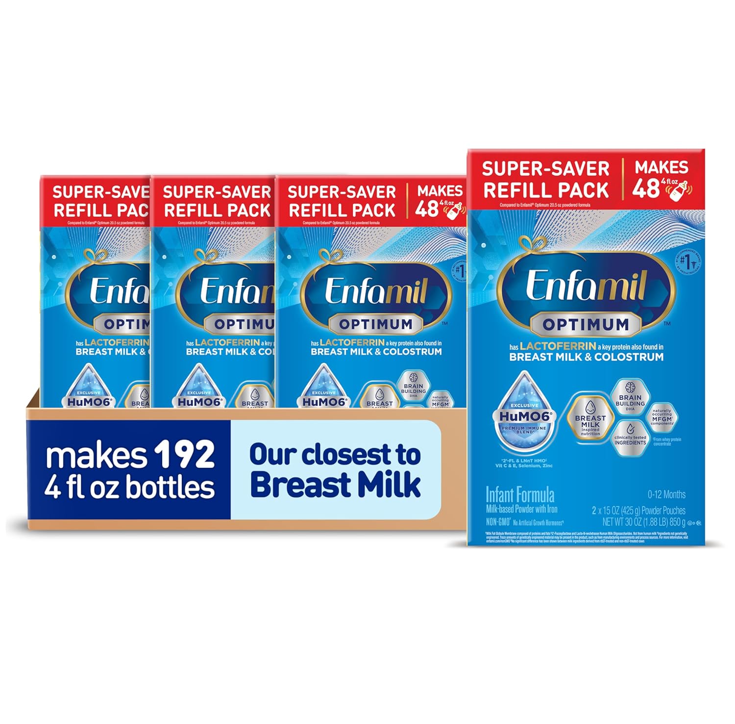 Enfamil Optimum Baby Formula. Our Closest Formula to Breast Milk. Immune-Supporting Lactoferrin also found in Breast Milk. Brain-Building DHA. 30 Oz. Pack of 4