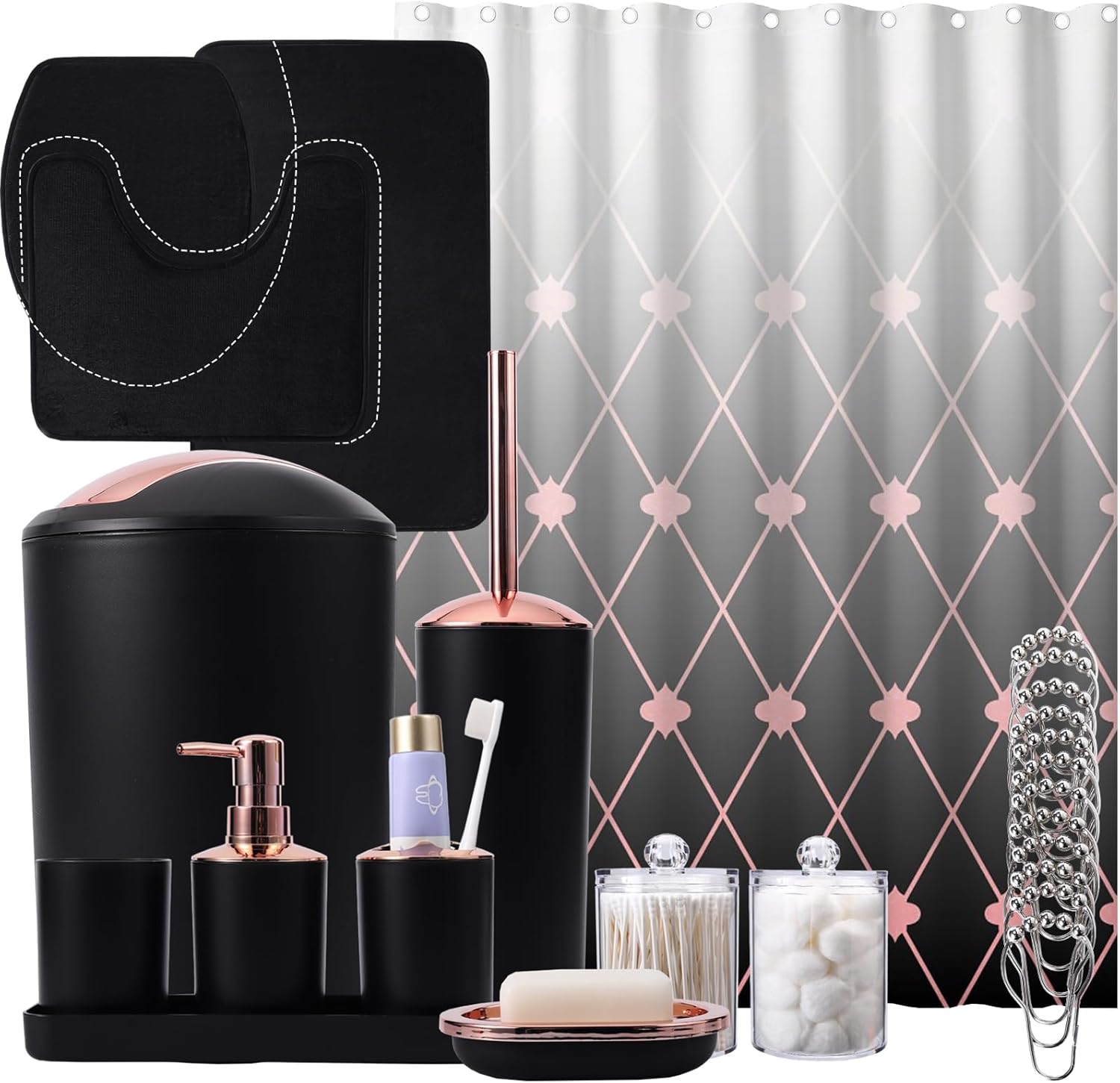 Black Bathroom Sets with Shower Curtain and Rugs Complete 25 Pieces -Trash Can. Soap Dispenser and Dish. Toilet Brush. Toothbrush Holder. Tumbler. Tray. Cotton Swab Canisters. Honeycomb Gold Marble