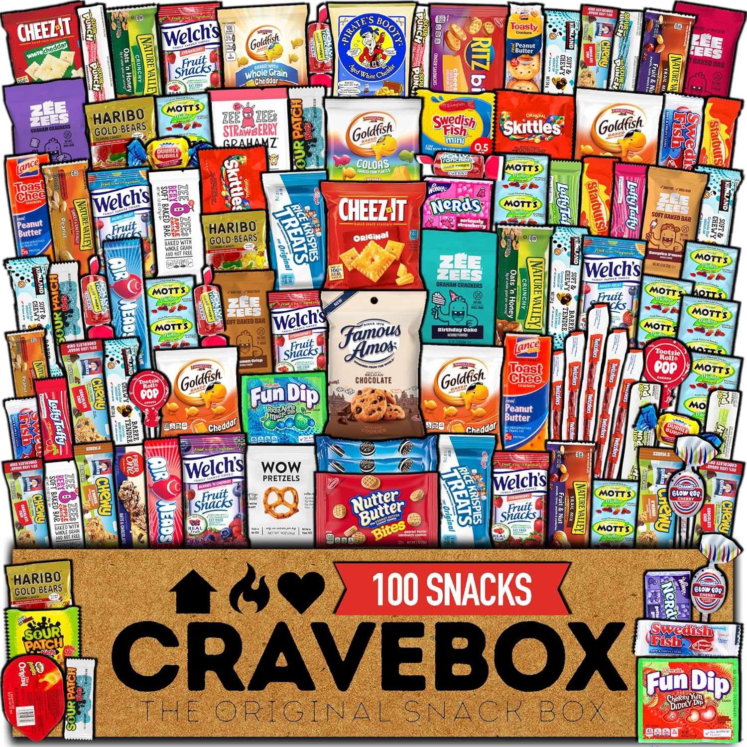 CRAVEBOX Snack Box (100 Count) Father's Day Variety Pack Care Package Gift Basket Adult Kid Guy Girl Women Men Birthday College Student Office College Back to School