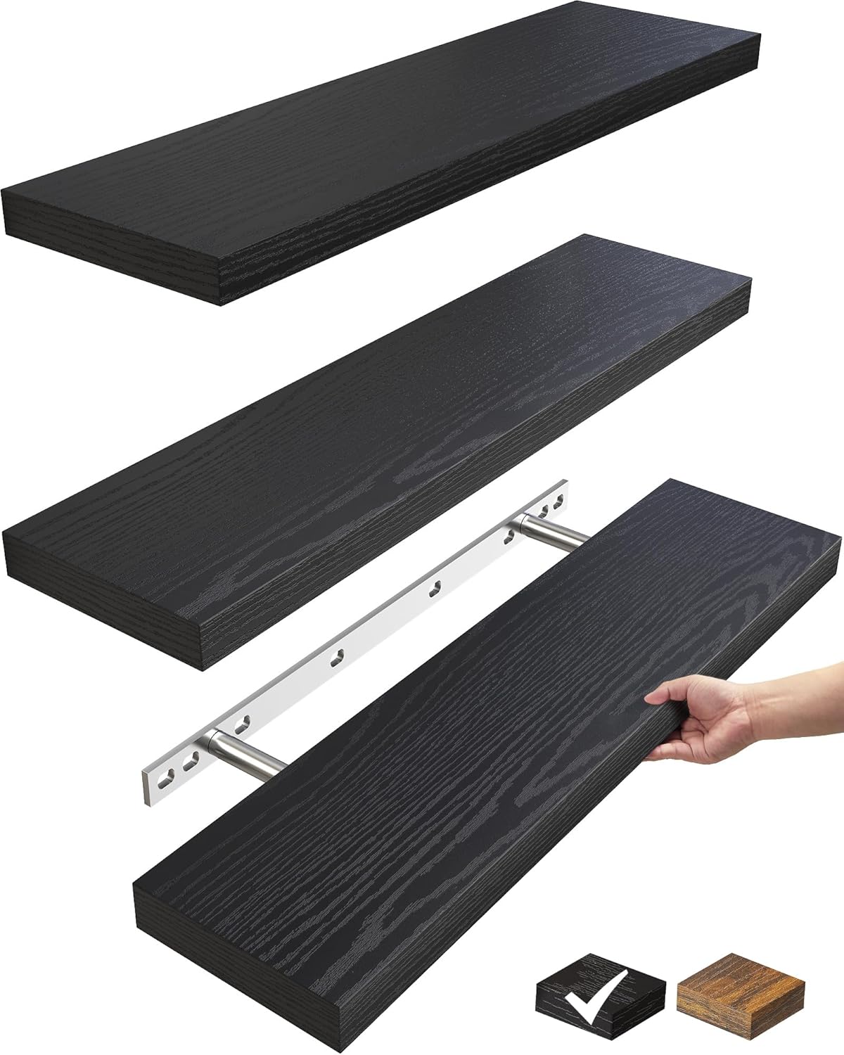 BAYKA Floating Shelves for Wall. 22.5 inches Wall Mounted Rustic Wood Shelves for Bathroom. Bedroom. Living Room. Floating Shelves for Books/Storage/Decor with 22lbs Capacity(Black.Set of 3)