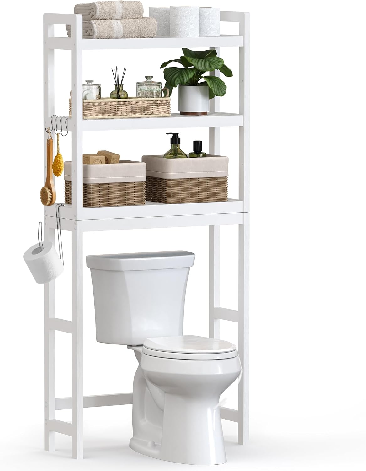SONGMICS Over The Toilet Storage. 3-Tier Over Toilet Bathroom Organizer with Adjustable Shelf. 10.2 x 24.8 x 66.9 Inches. Space-Saving. Cloud White UBTS01WT