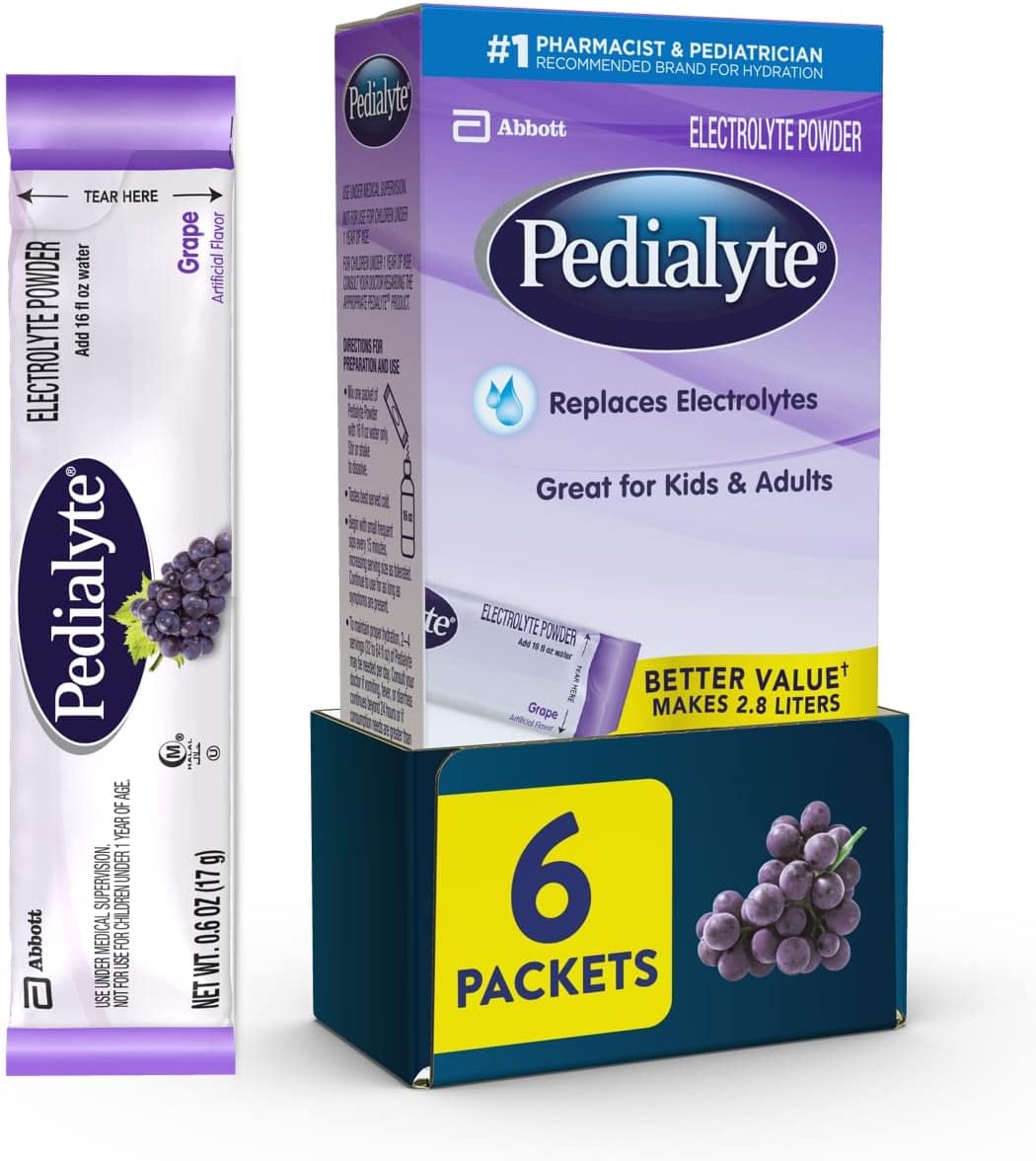 Pedialyte Electrolyte Powder. Hydration Drink for Kids & Adults. Hydration Station Variety Pack: Grape. Strawberry Lemonade. Orange. and Cherry. 80 Powder Packets